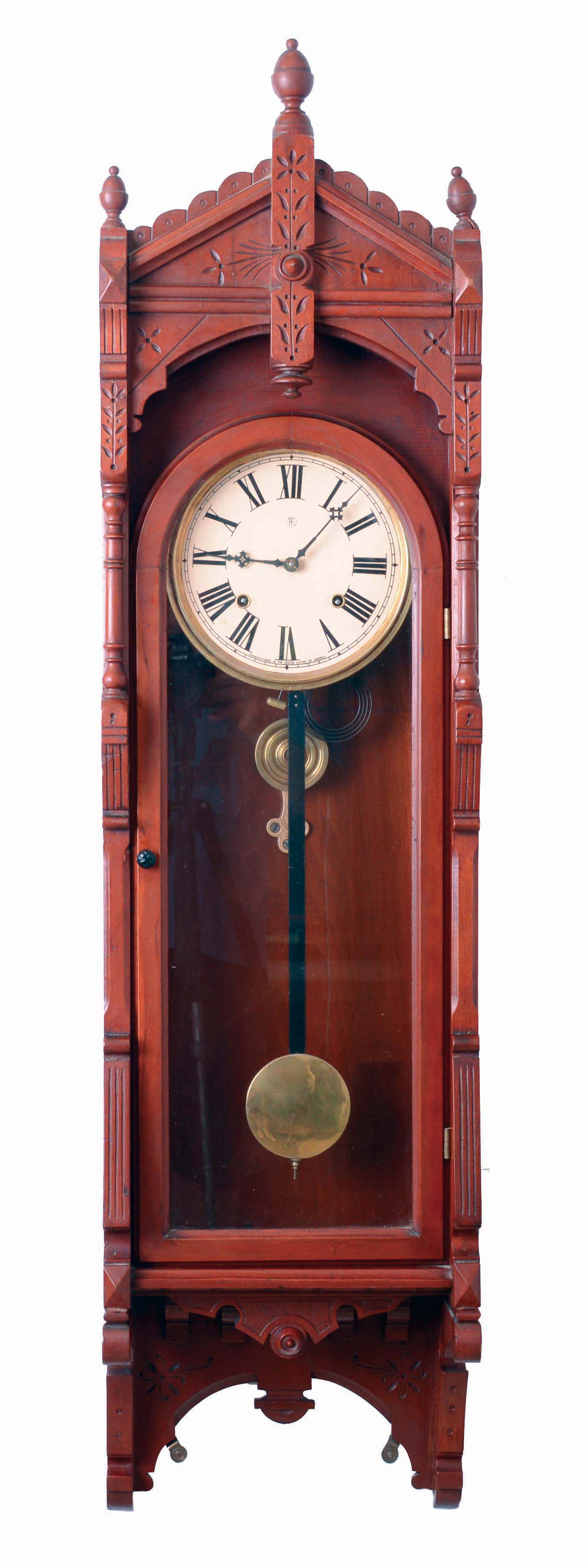 F. Kroeber & Co., New York, NY, "Regulator No. 47" wall clock, 8 days, time and strike, on cathedral gong, spring driven movement in a cherry case with a papered metal dial, c1881. — Antique Clocks Price Guide