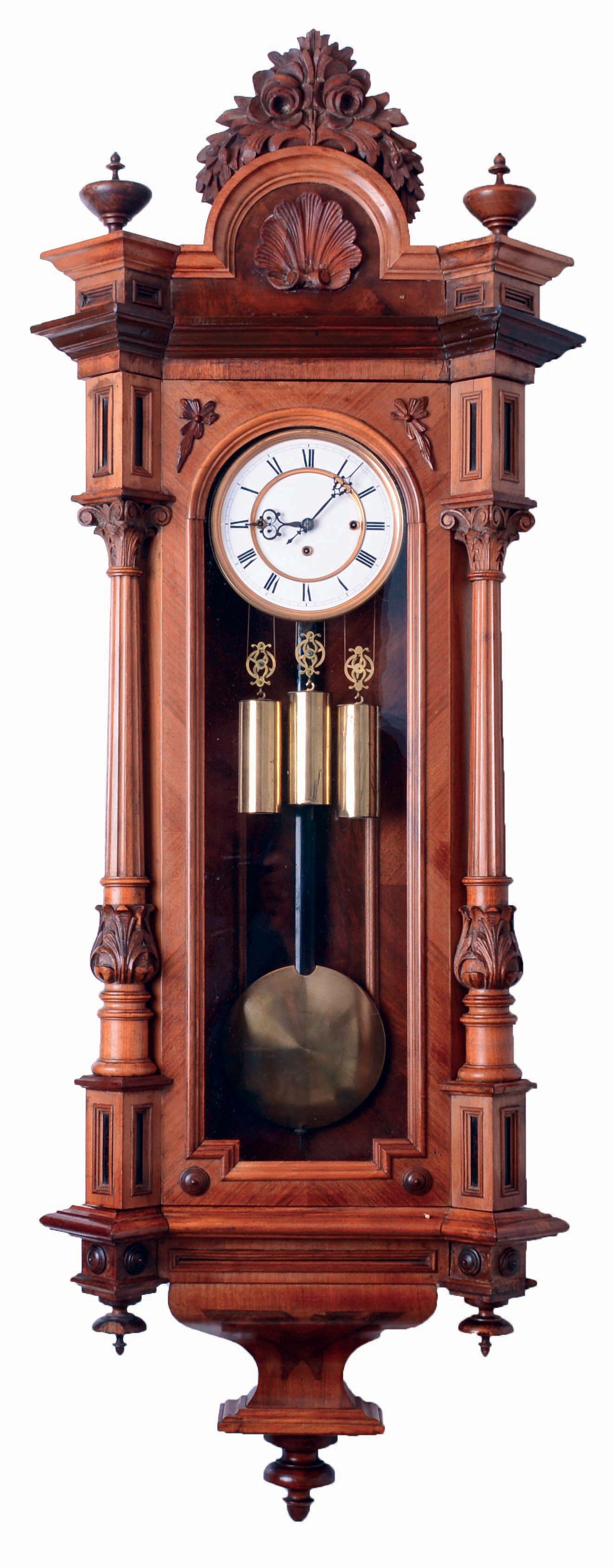 Gebruder Resch, Germany, "Vienna Regulator" wall clock, 8 days, time and grande sonnerie, three weight driven movement in an Alt Deutsche style carved walnut case with ebonized accents and white enamel dial, c1875 — Antique Clocks Price Guide