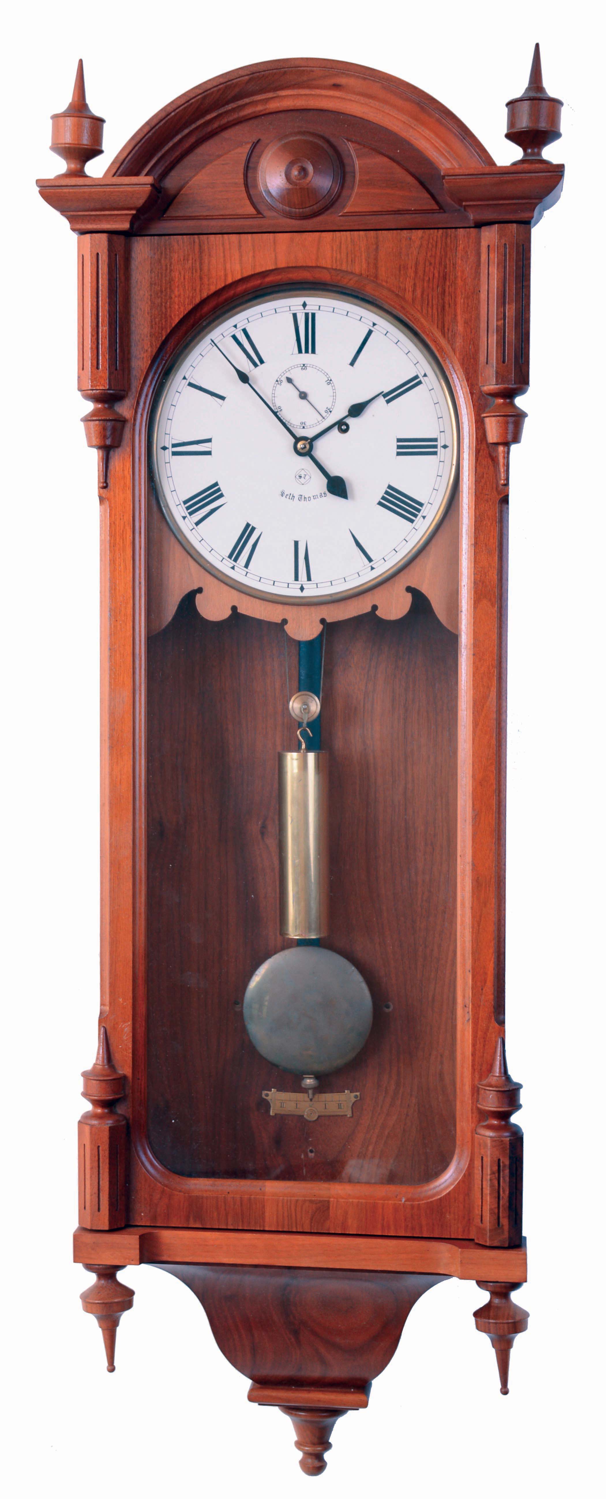 Seth Thomas Clock Co., Thomaston, Conn., "Regulator No. 6", 8 days, weight driven brass movement reproduction wall timepiece. No. 62 of 4,000. Late 20th century. — Antique Clocks Price Guide