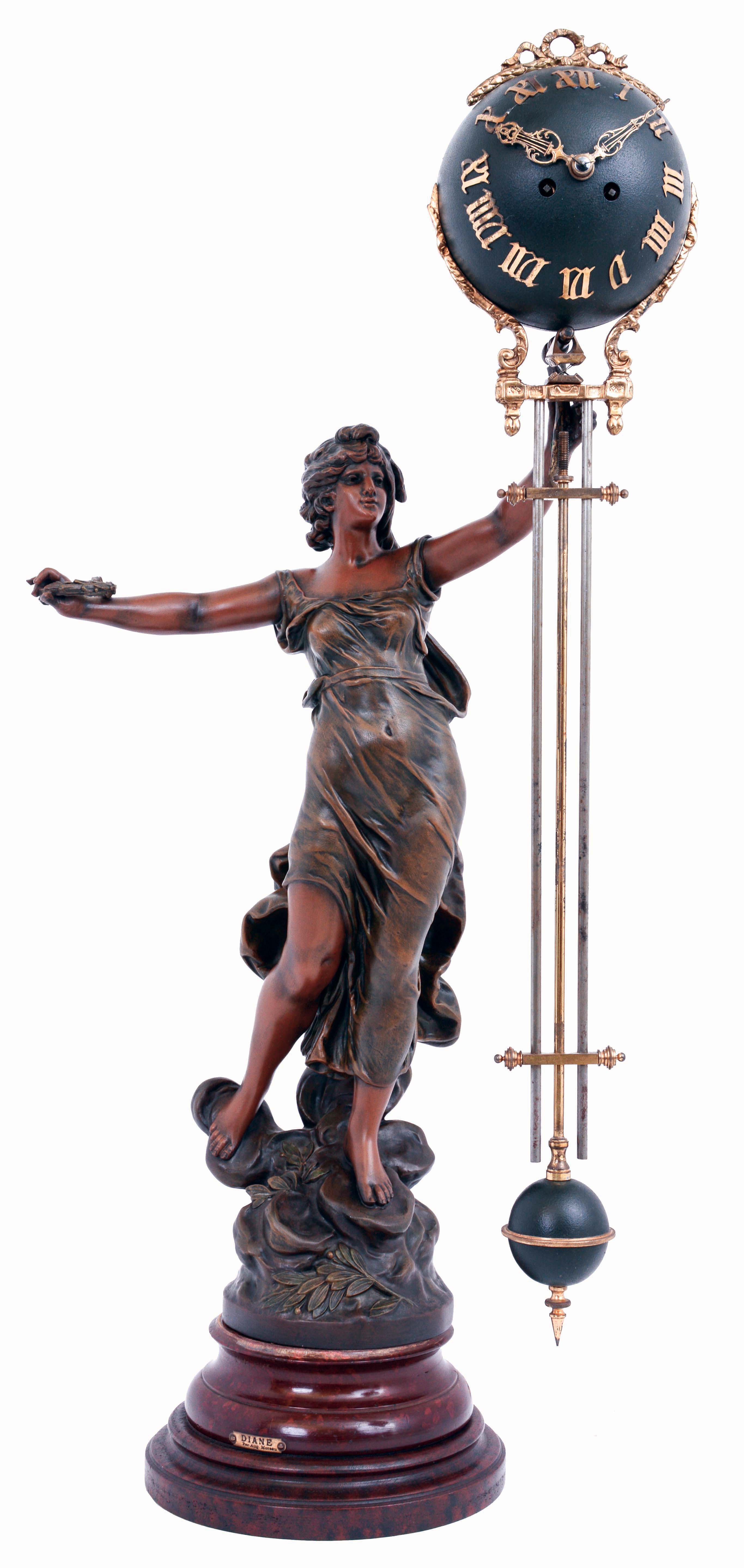 French, Striking Swinging Arm clock, the "mysterious" slow swinging arm suspended from the outstretched arm of patinated spelter statue of Diane, c1890, with restorations. — Antique Clocks Price Guide