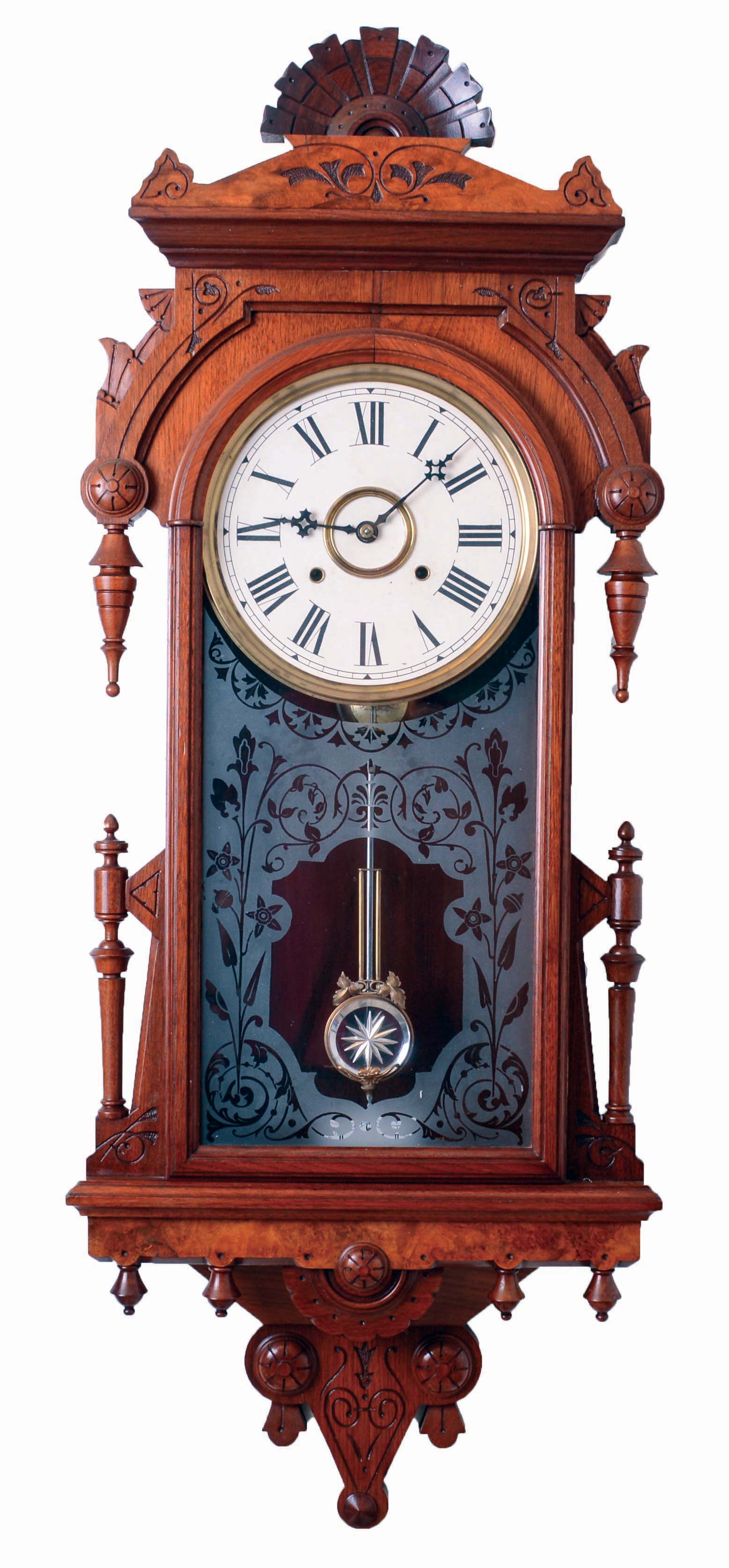 F. Kroeber & Co., New York, NY, "Regulator No. 33" wall clock, 8 days, time and strike, spring driven movement in a walnut case with burled accents with a papered metal dial and acid etched lower tablet, c1880 — Antique Clocks Price Guide