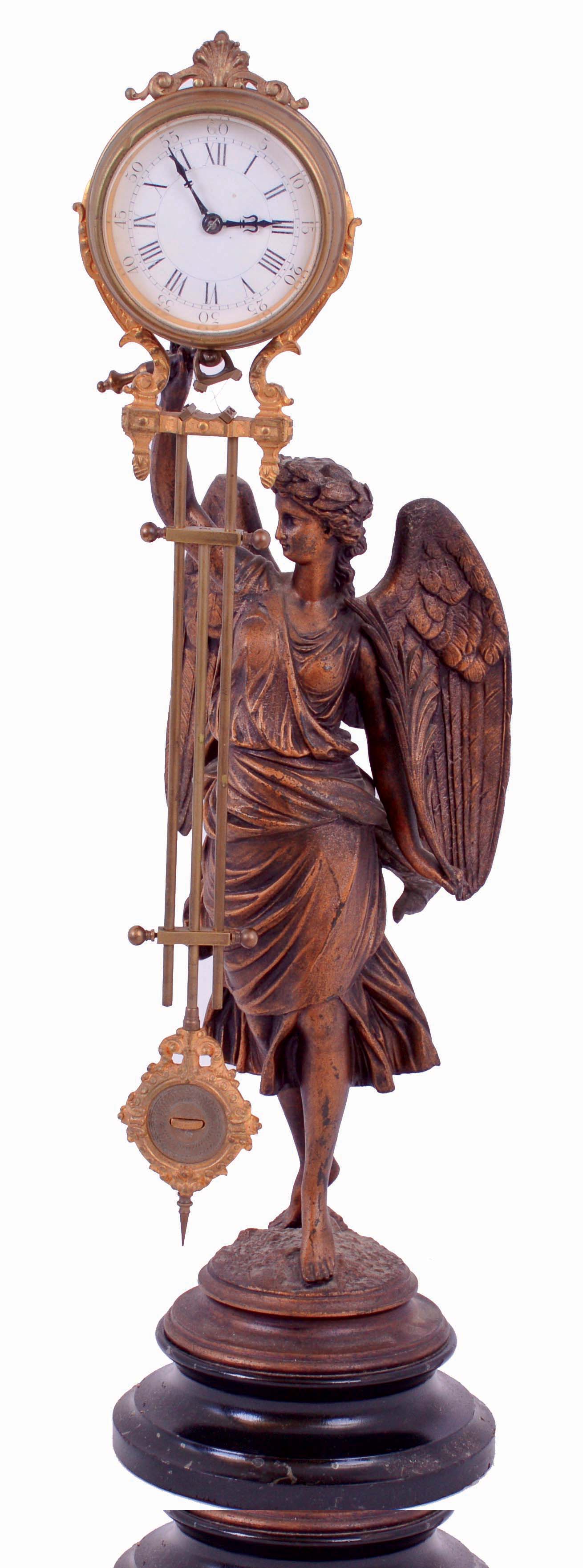 French patinated spelter cast angel figural swinging arm, 8 days mantel clock, movement stamped "G.L.T., Paris, Medaille D'Or", c1890 — Antique Clocks Price Guide