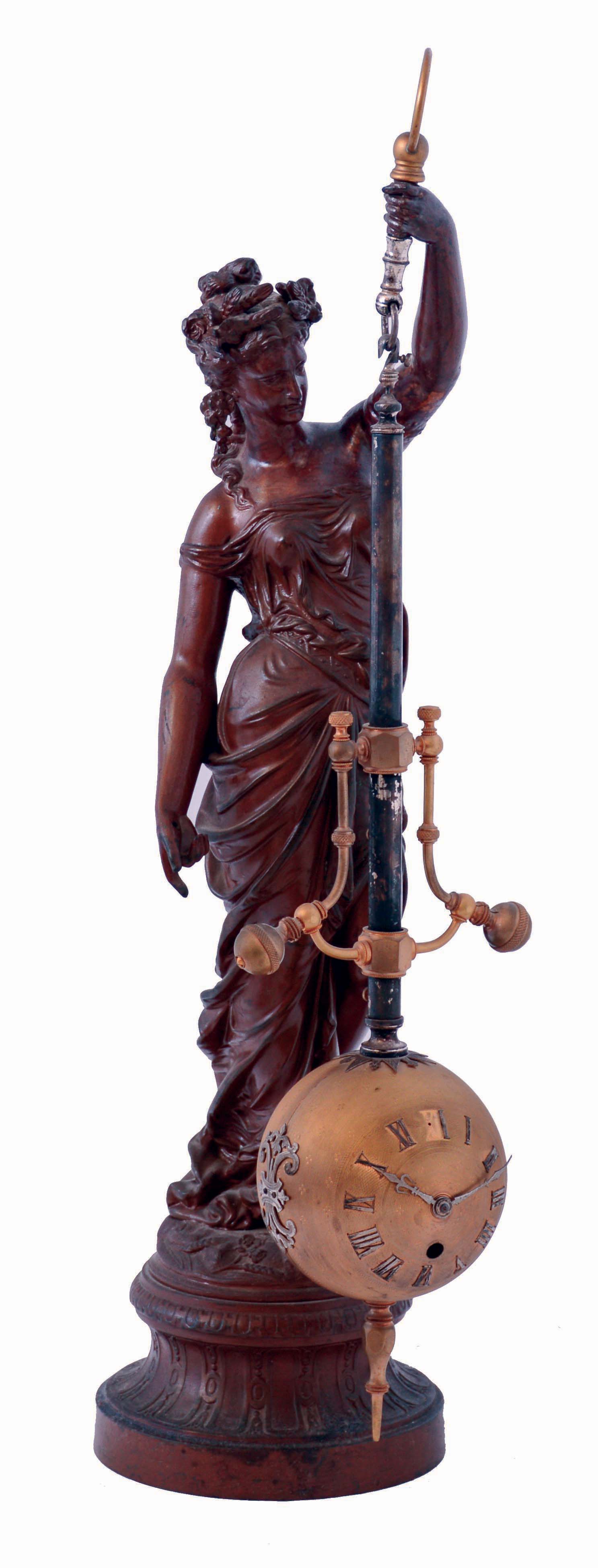 French figural bronzed spelter statue with modern Eastern European rotating torsion arm movement, statue c1880 — Antique Clocks Price Guide