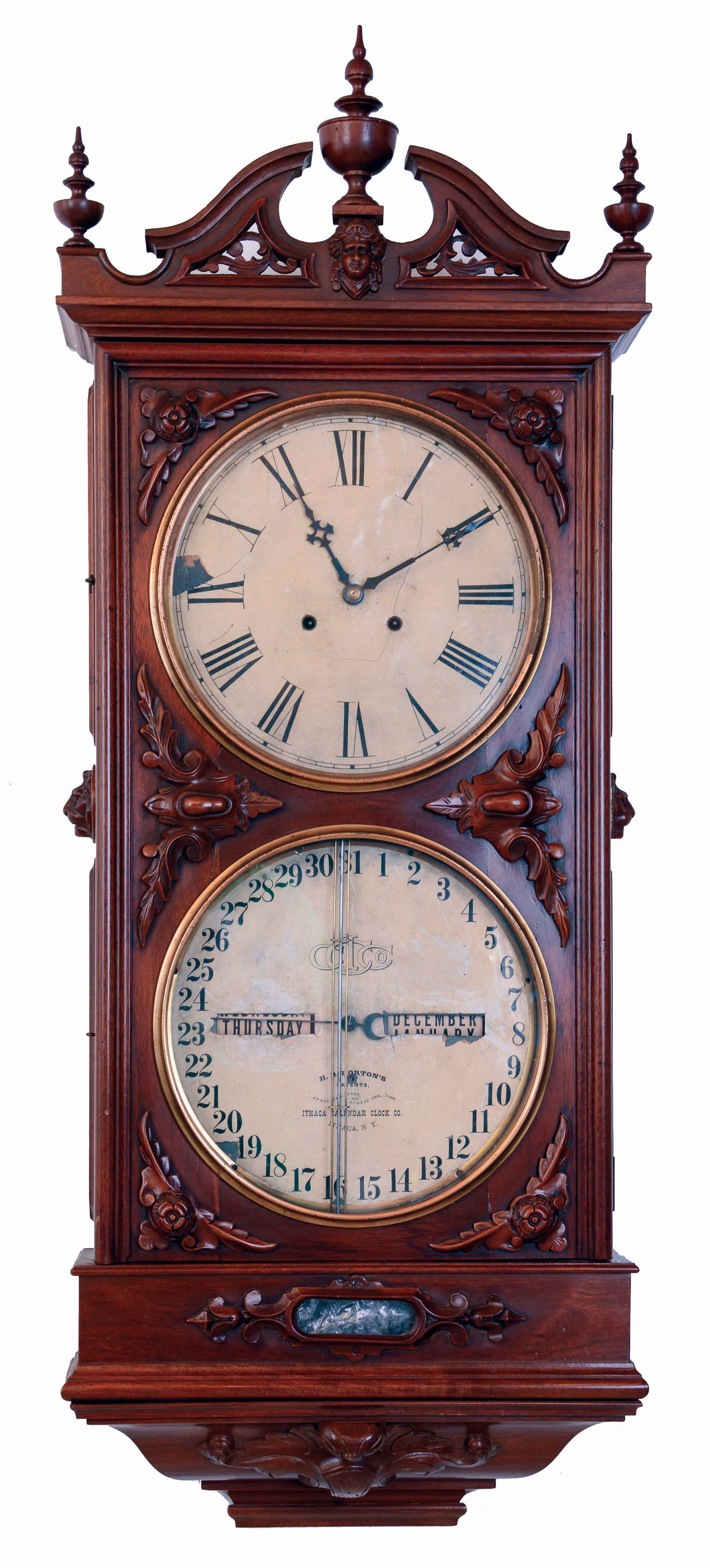 Ithaca Calendar Clock Co., Ithaca, NY, "Regulator No. 1" or "Hanging Bank", 8 days, double weight brass movement double dial calendar clock, c1872 Case is stamped 1457 and 1872 — Antique Clocks Price Guide