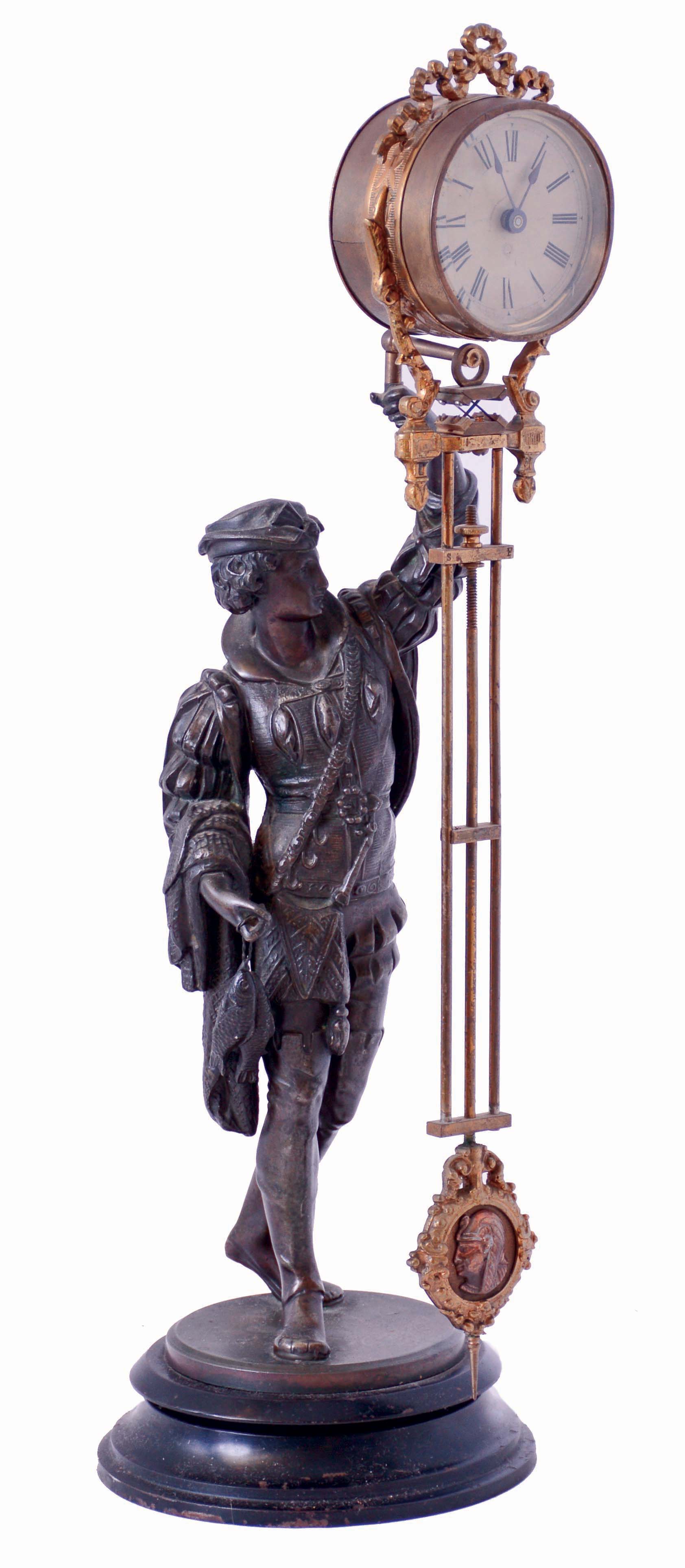 Ansonia Clock Co., New York, NY, "Fisher" older model, 8 days, swinging arm bronze patination spelter figural timepiece, c1880 — Antique Clocks Price Guide