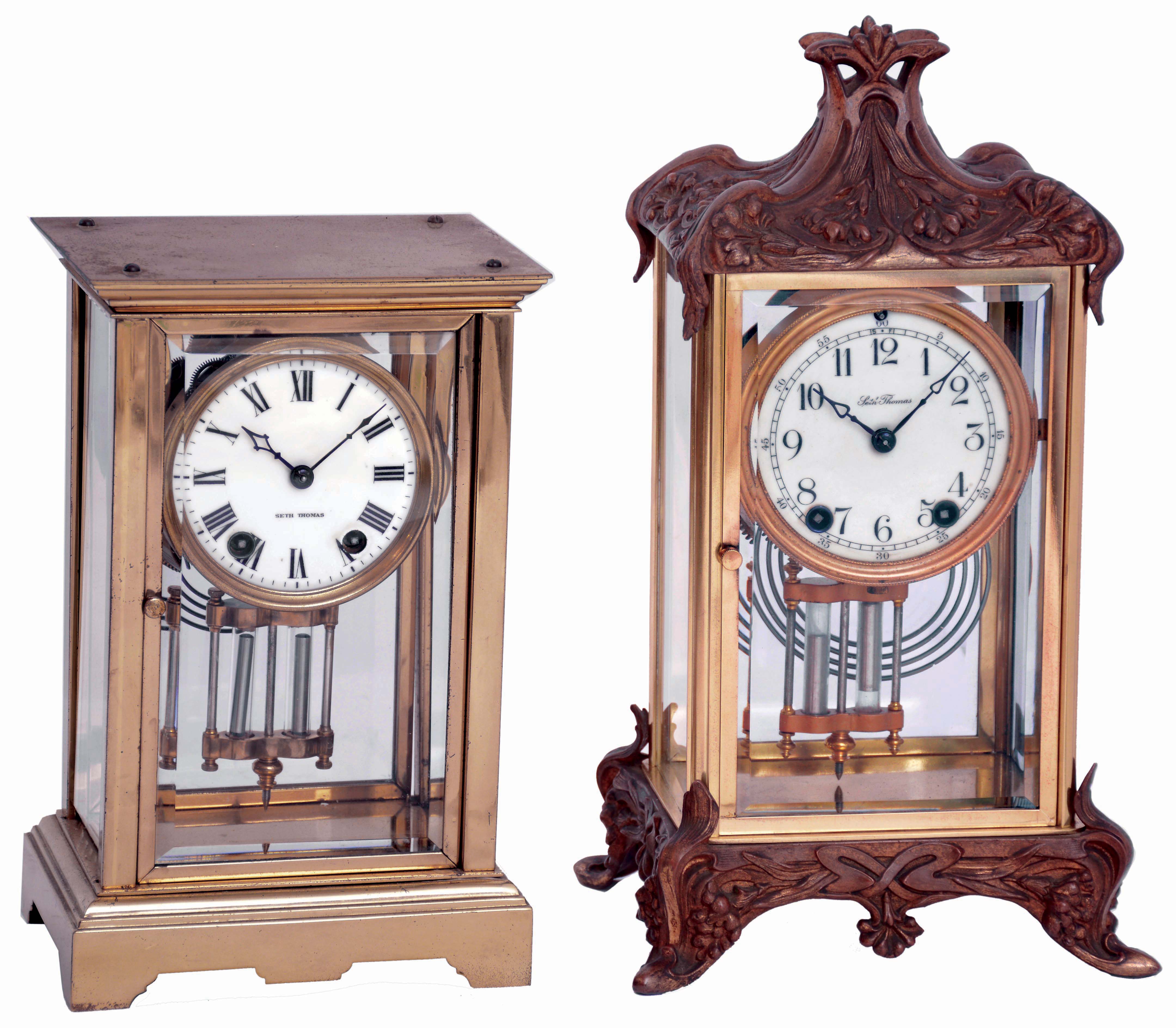 Clocks- 2 (Two) Seth Thomas, 8 days, time and strike, brass and beveled glass crystal regulator mantel clocks: "Orchid No. 4", c1902 and "Empire No. 12" with cast top and base, c1904 — Antique Clocks Price Guide