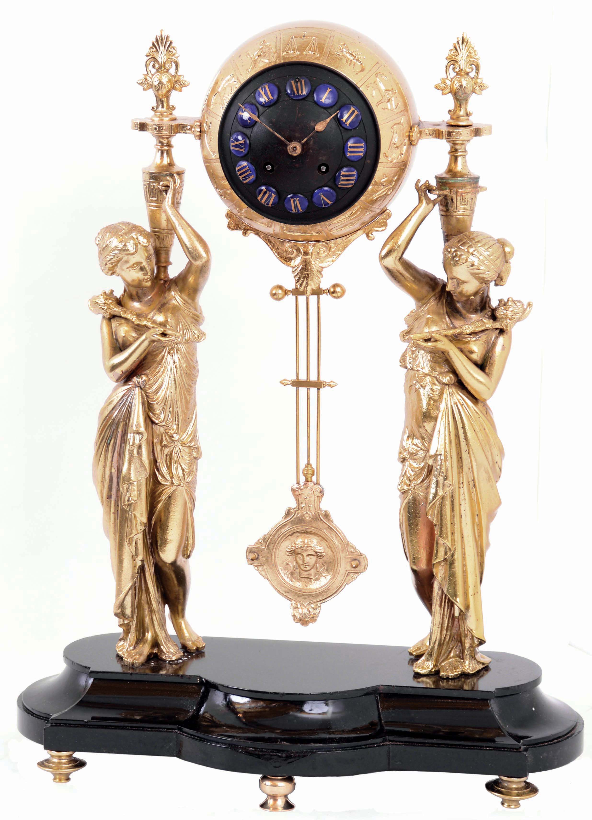 Blot & Drouard, Paris, French cast metal double figure, 8 days, time and strike mantel clock, Japy Freres Medaille D'Honneur movement, c1890 — Antique Clocks Price Guide