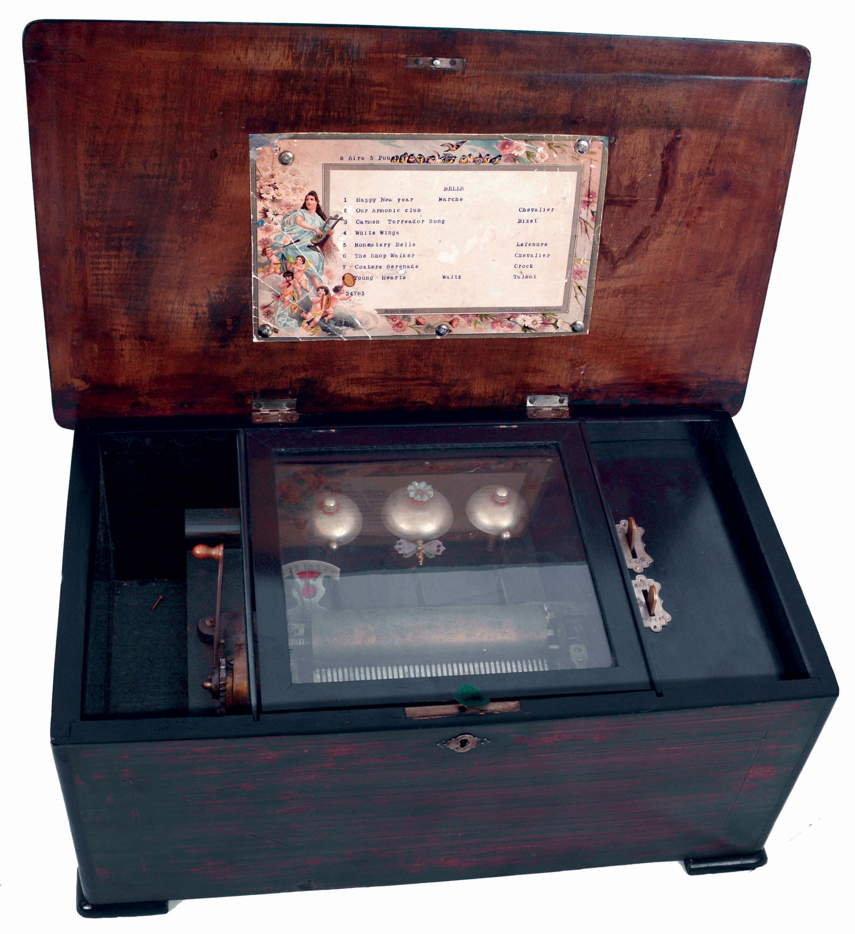 Swiss music box, 8 tune cylinder player with three bells, one butterfly, two plain strikers, inlaid grain-painted case, printed paper lithograph from Lausanne inside lid, c1900 — Antique Clocks Price Guide