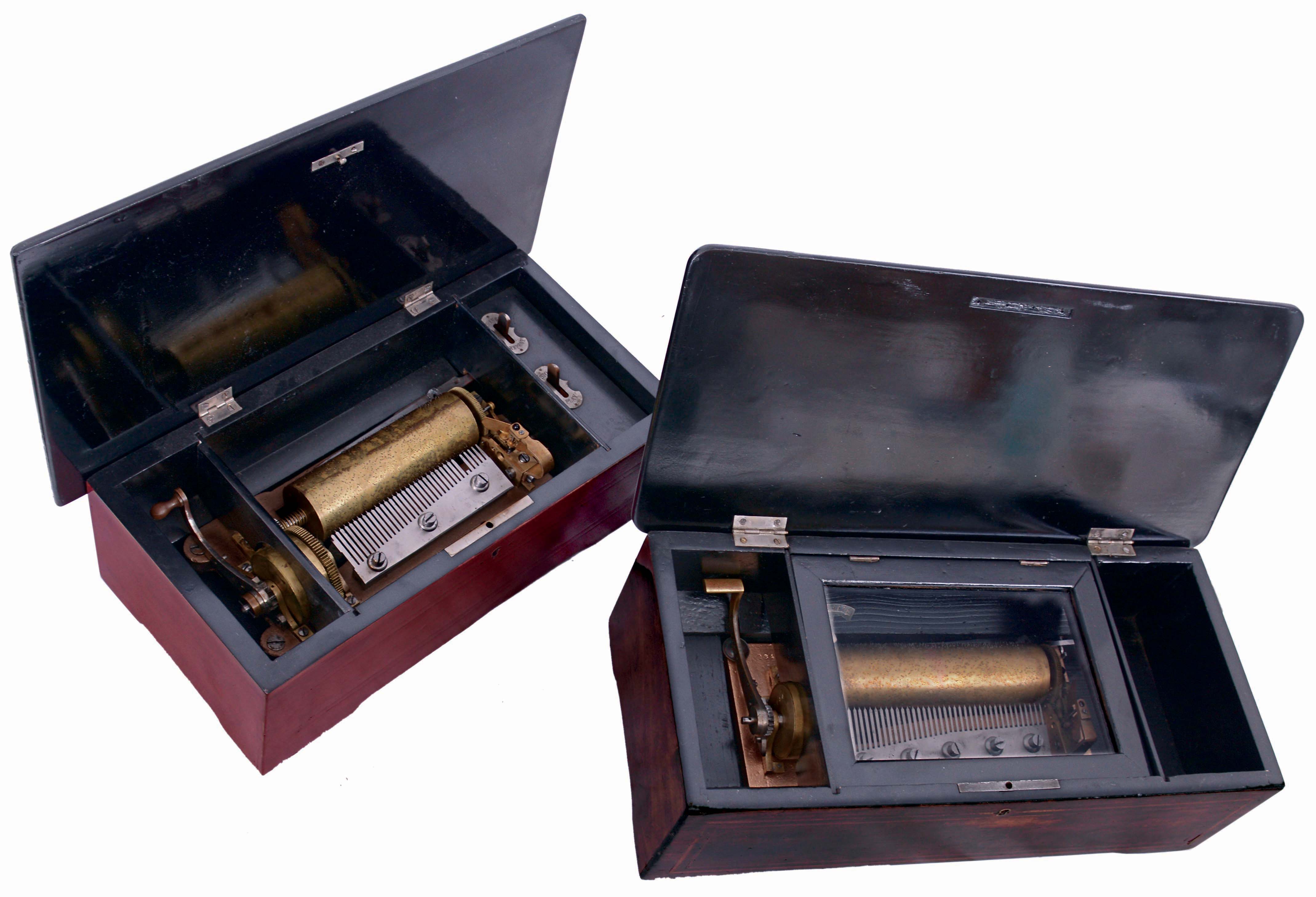 Swiss Music Boxes- 2 (Two) in painted and inlaid wood boxes, c1900 — Antique Clocks Price Guide