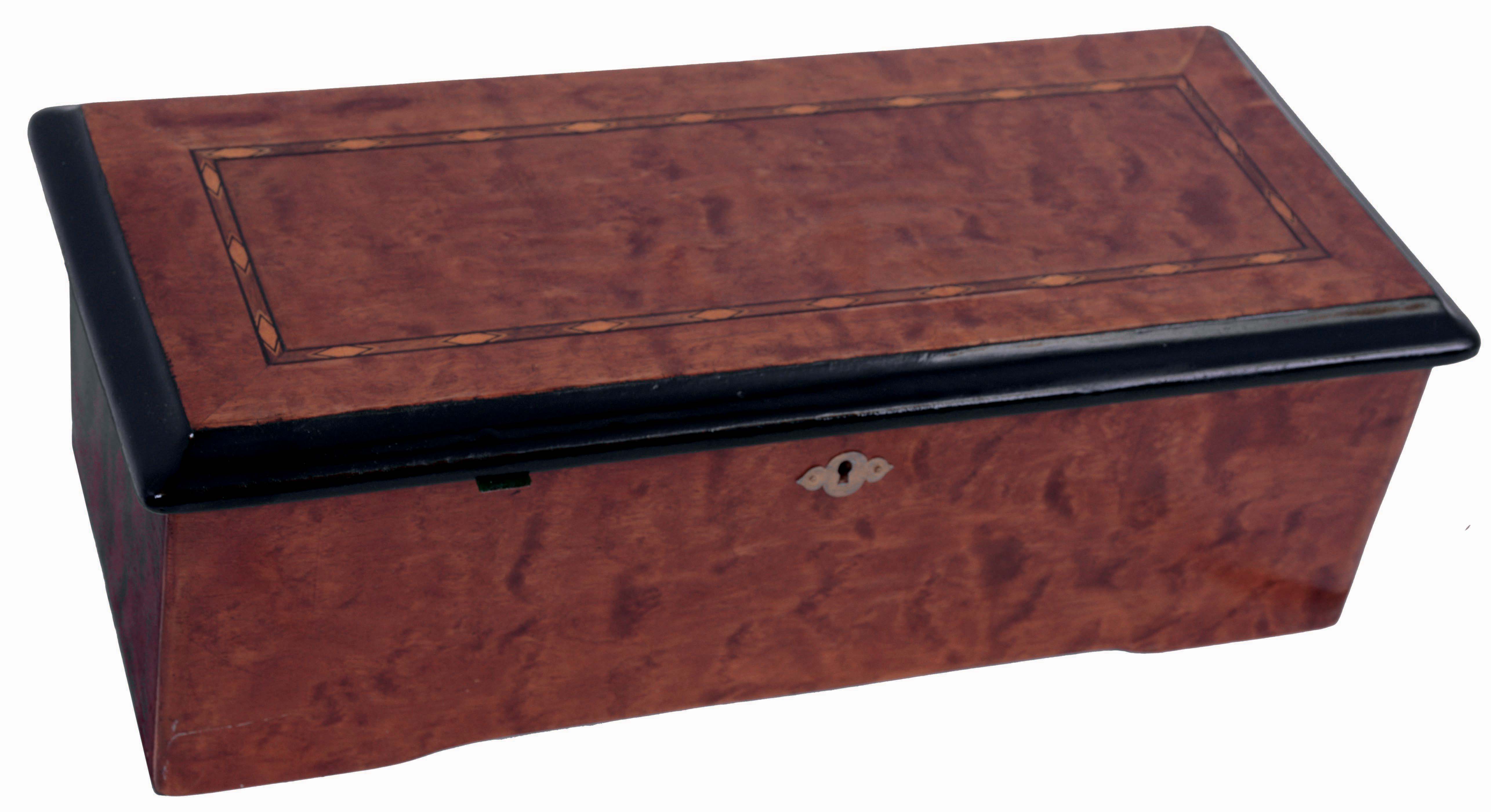 Swiss music box, inlaid burled hardwood veneer, c1900 — Antique Clocks Price Guide