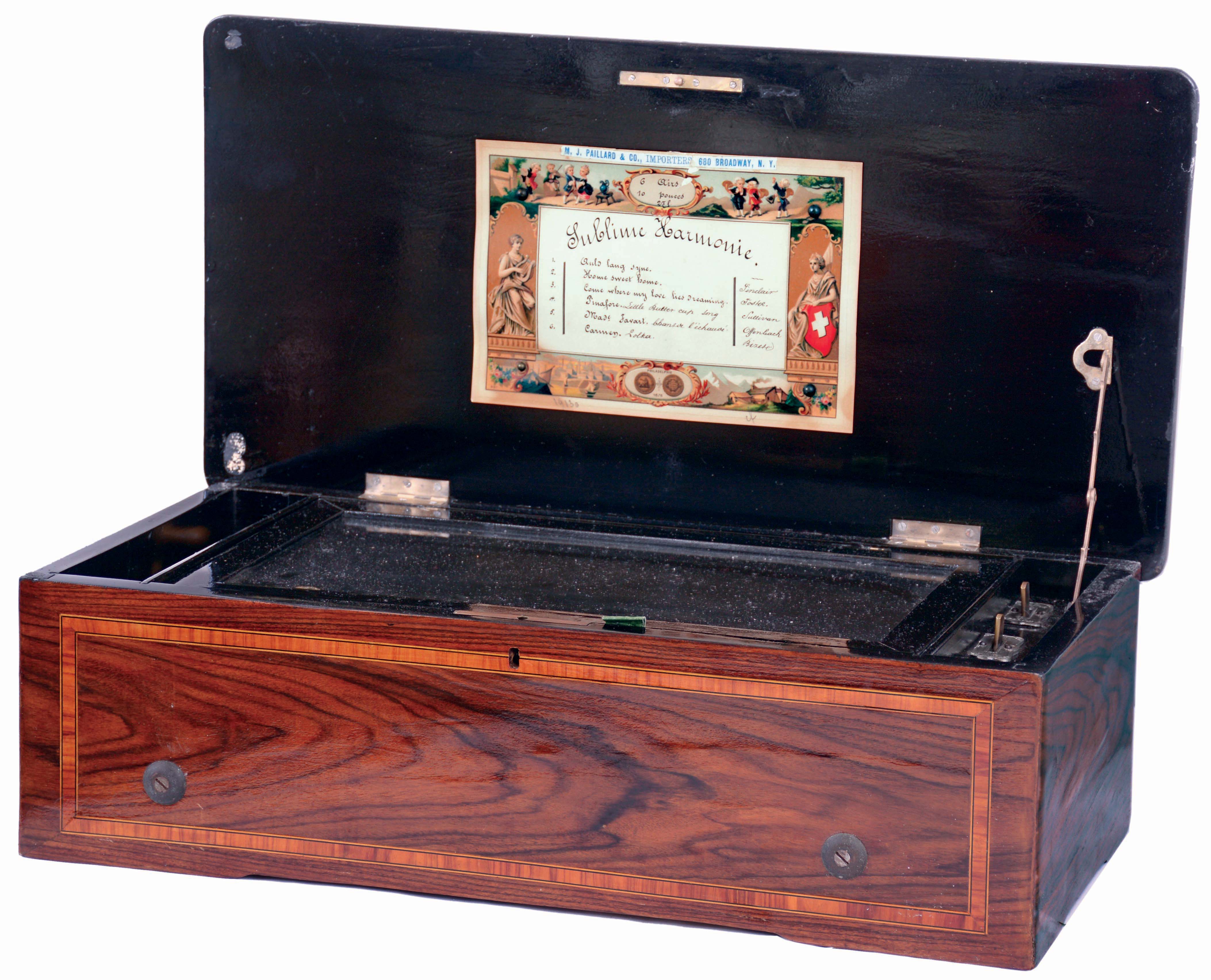 M.J. Paillard, New York, importer of Swiss "Sublime Harmonie" inlaid rosewood double-comb 6 tune music box, c1880 — Antique Clocks Price Guide
