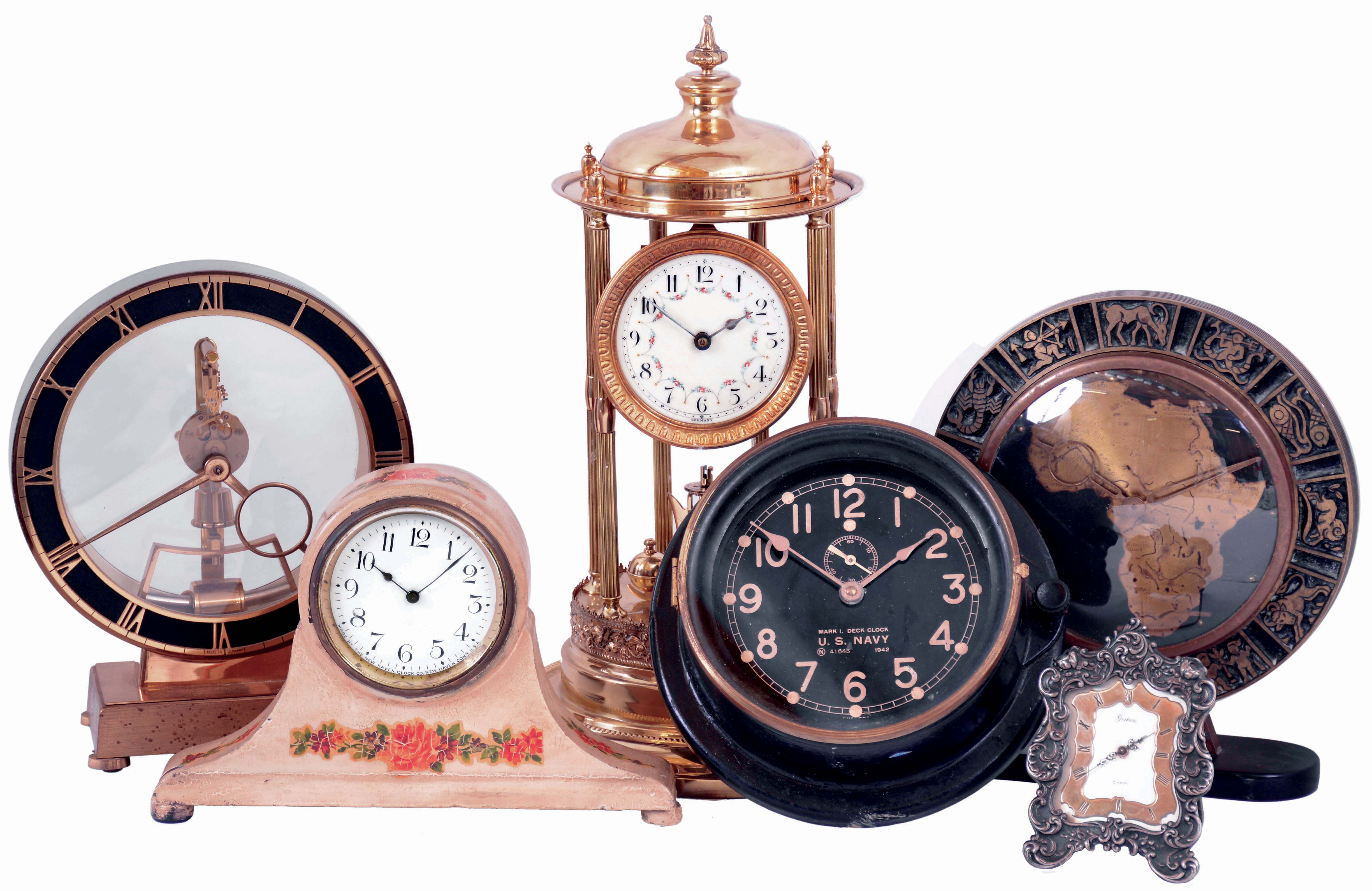 Clocks- 6 (Six): German with electromagnetic pendulum; New Haven, 30 hours floral small tambour; Cyma Swiss, for Gorham, Silver, 30 hours desk clock; round with Africa map surrounded by Zodiac signs; Chelsea, 8 days, phenolic U.S. Navy Mark 1 deck clock 1942; German "Louvre" 400 day; 20th century — Antique Clocks Price Guide