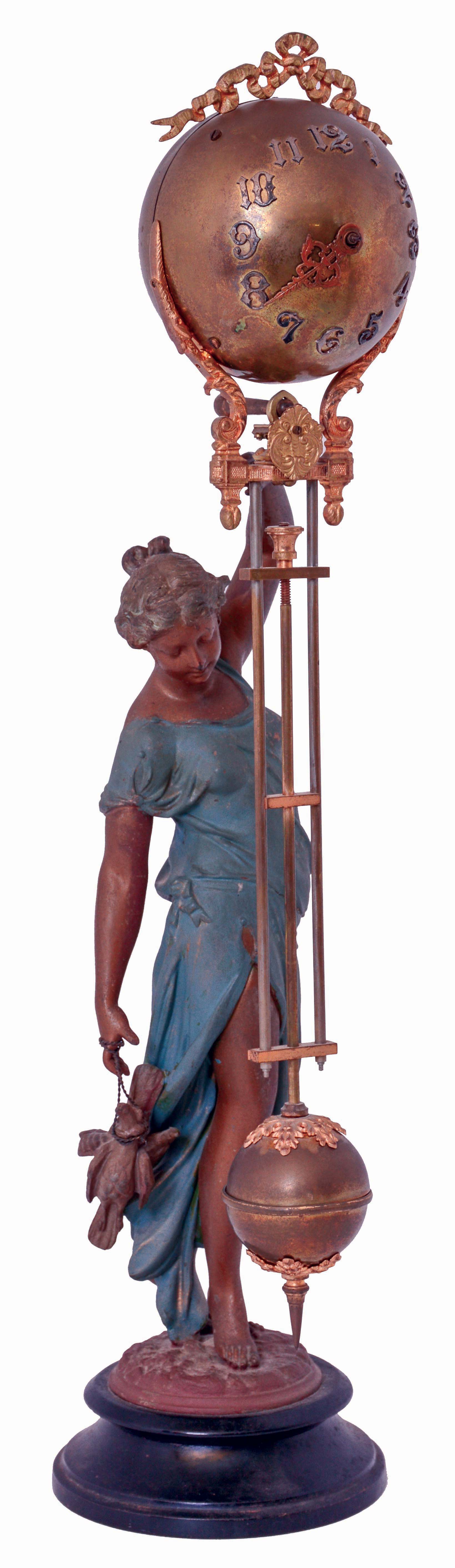 Ansonia Clock Co., New York, NY, "HUNTRESS" swinging arm novelty timepiece, ball style, c,1895 on later patinated metal statue — Antique Clocks Price Guide