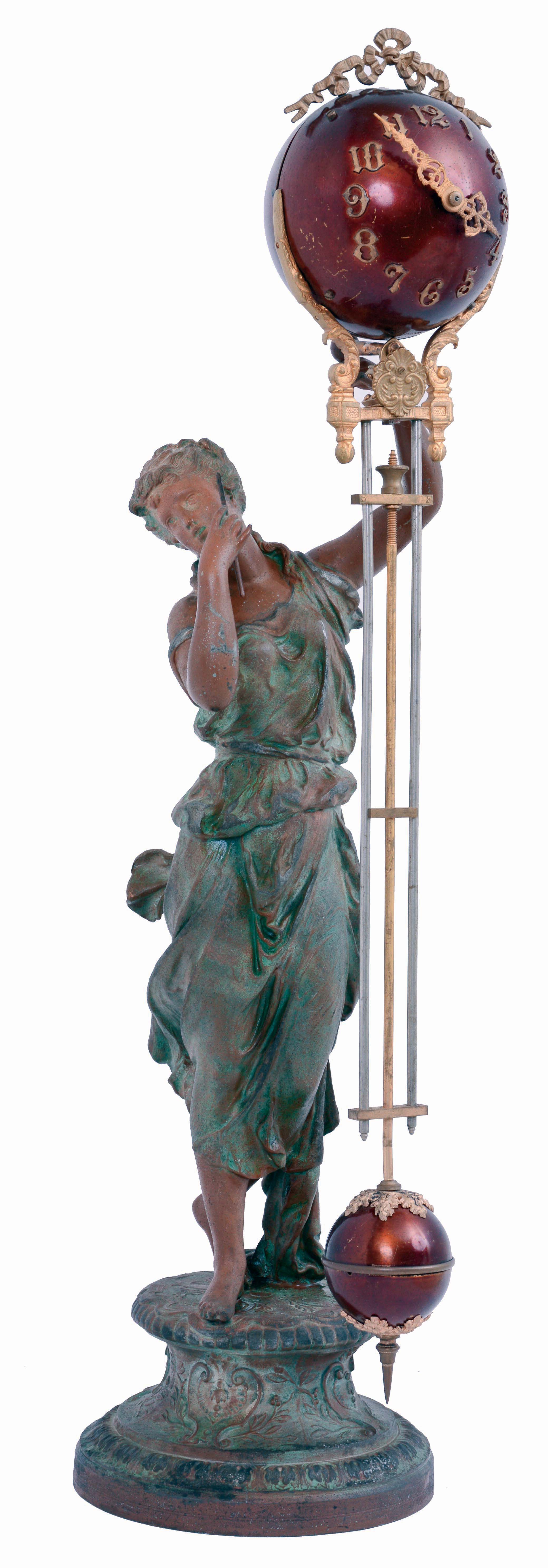 Ansonia Clock Co., New York, NY, "JUNO" swinging arm clock, with long arm ball & signed movement, c1895, on a later statue — Antique Clocks Price Guide