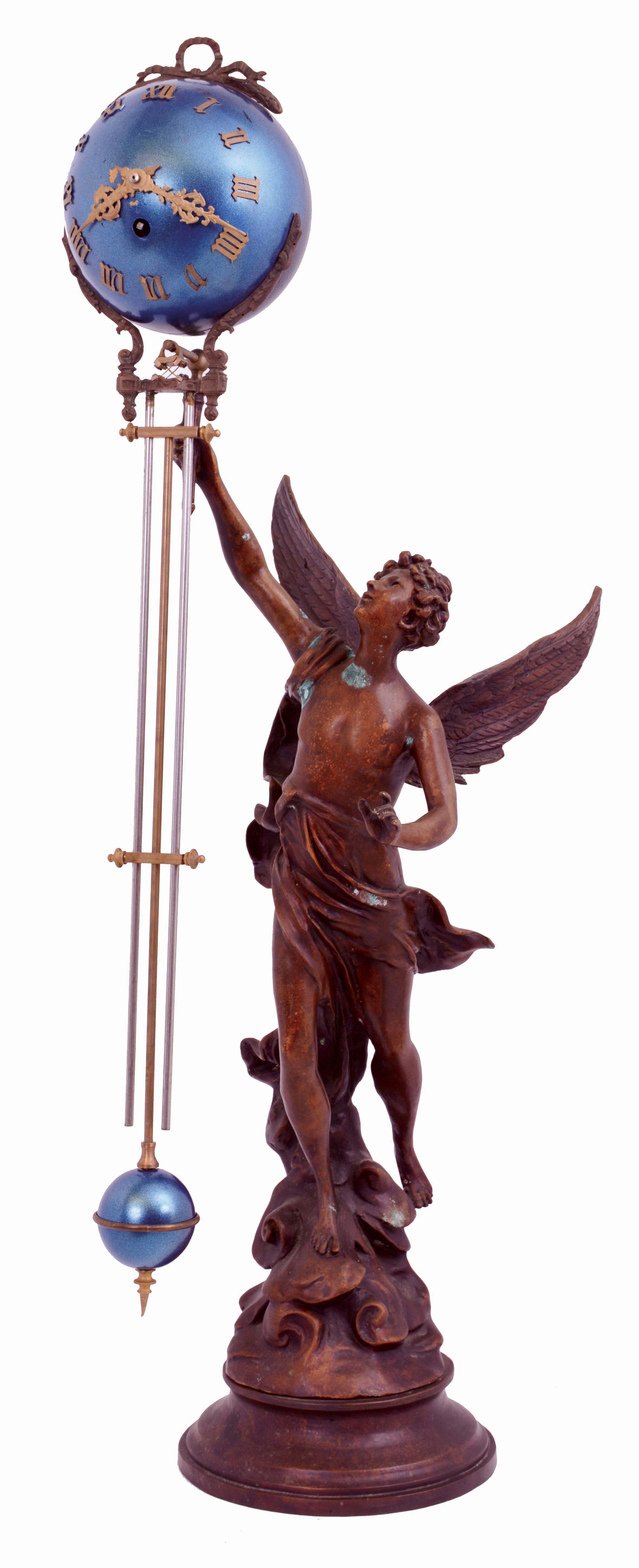 Asian, modern copy of large French Swing clock, figure of winged male, running with a torch in his outstretched right arm, c1995 — Antique Clocks Price Guide