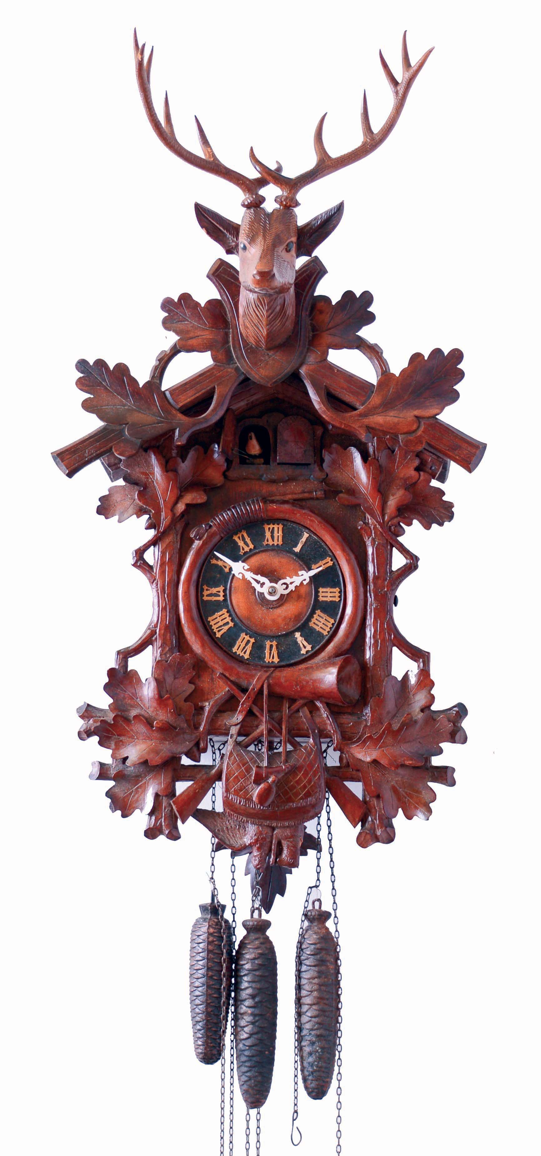 German, for Breitinger & Sons, Philadelphia, large cuckoo and quail 3-weight, 30 hours, carved walnut wall clock, wood-plate movement, c1870 — Antique Clocks Price Guide