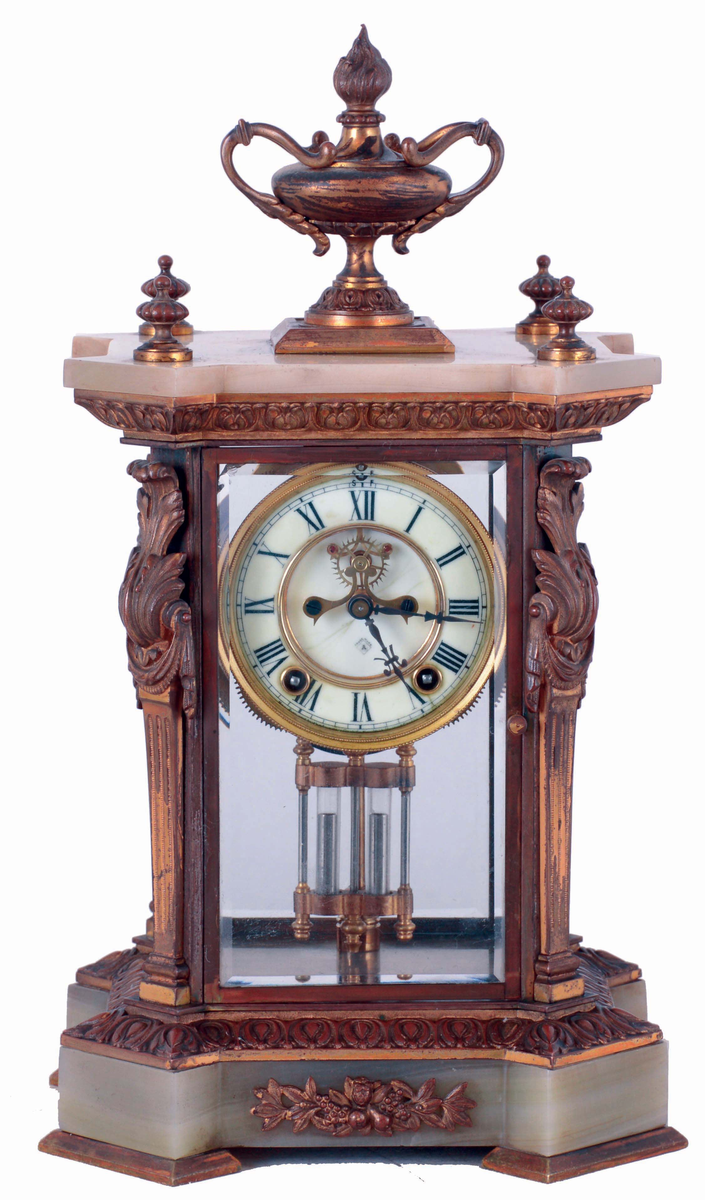 Ansonia Clock Co., New York, NY, "Commodore", 8 days, time and strike spring driven brass movement Onyx top and bottom crystal regulator shelf clock, c1905 — Antique Clocks Price Guide