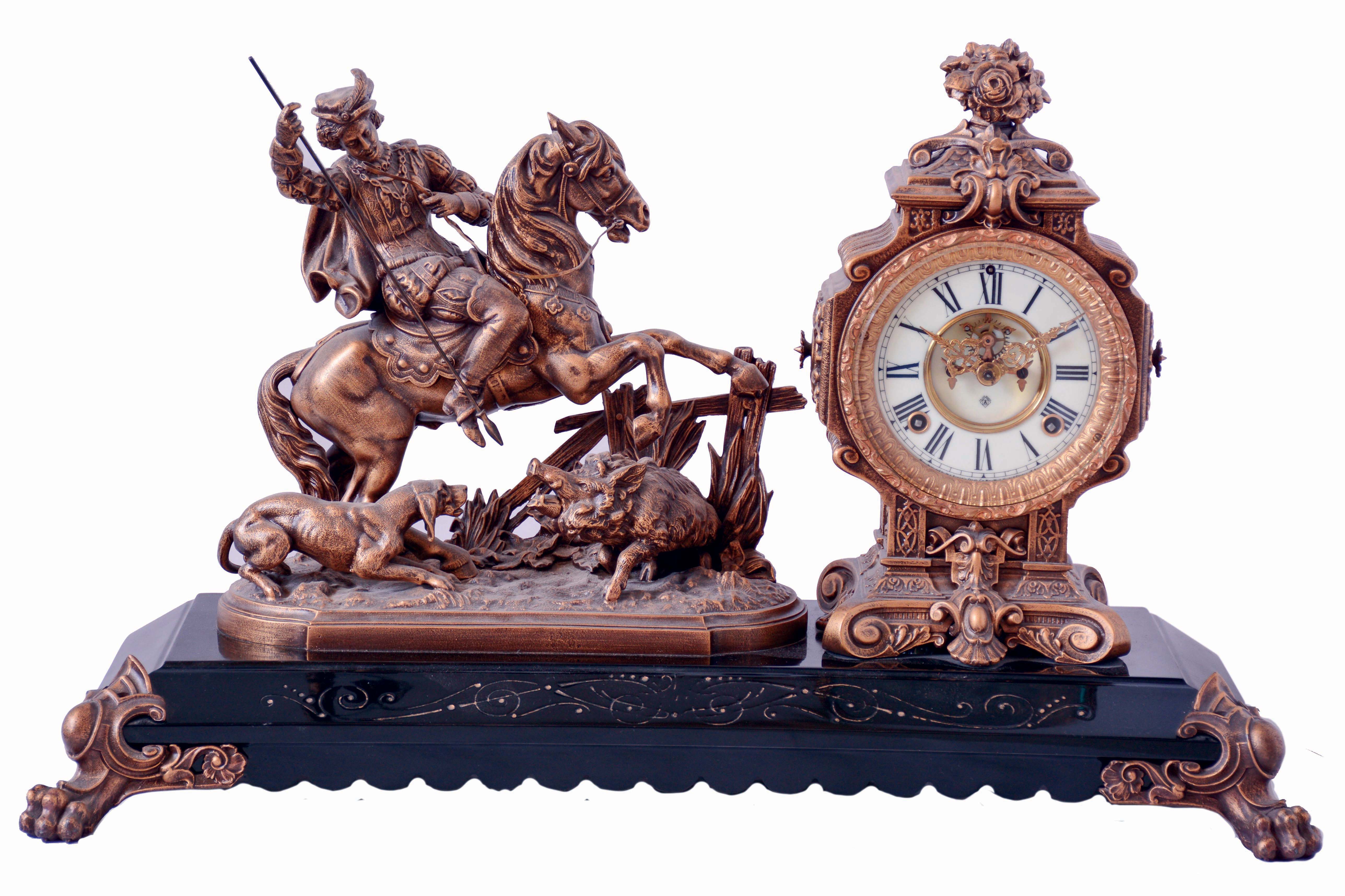 Ansonia Clock Co., New York, NY, "Boar Hunter" bronzed spelter, on enameled iron base, 8 days, time and strike, figural mantel clock, visible escapement, c1894 — Antique Clocks Price Guide