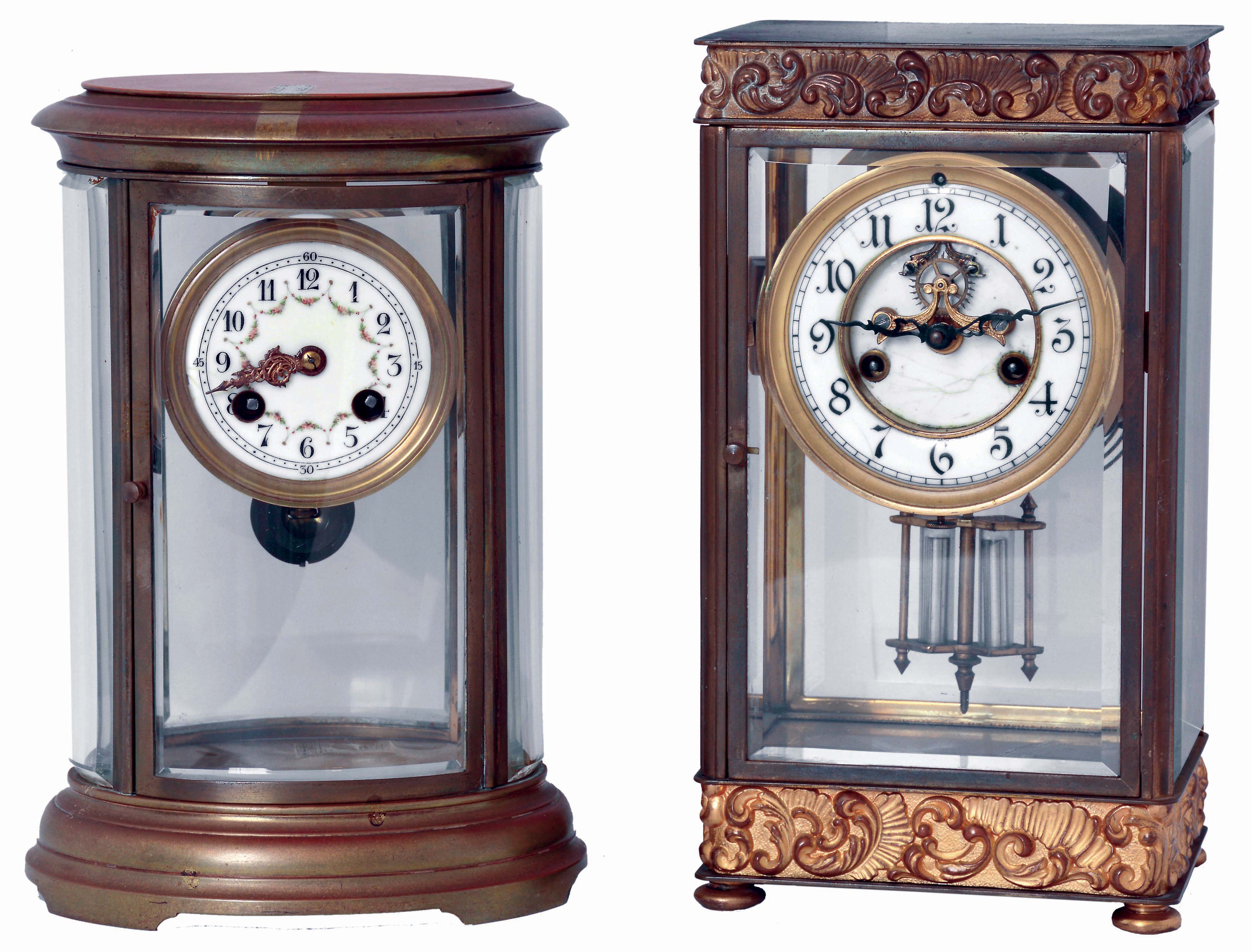 Clocks- 2 (Two): (1) French, Marti & Cie, 8 days, time and strike, spring driven brass movement crystal regulator mantel clock. (2) Waterbury Clock Co., Waterbury, Conn., "Aubert", 8 days, time and strike, spring driven brass movement crystal regulator mantel clock. — Antique Clocks Price Guide