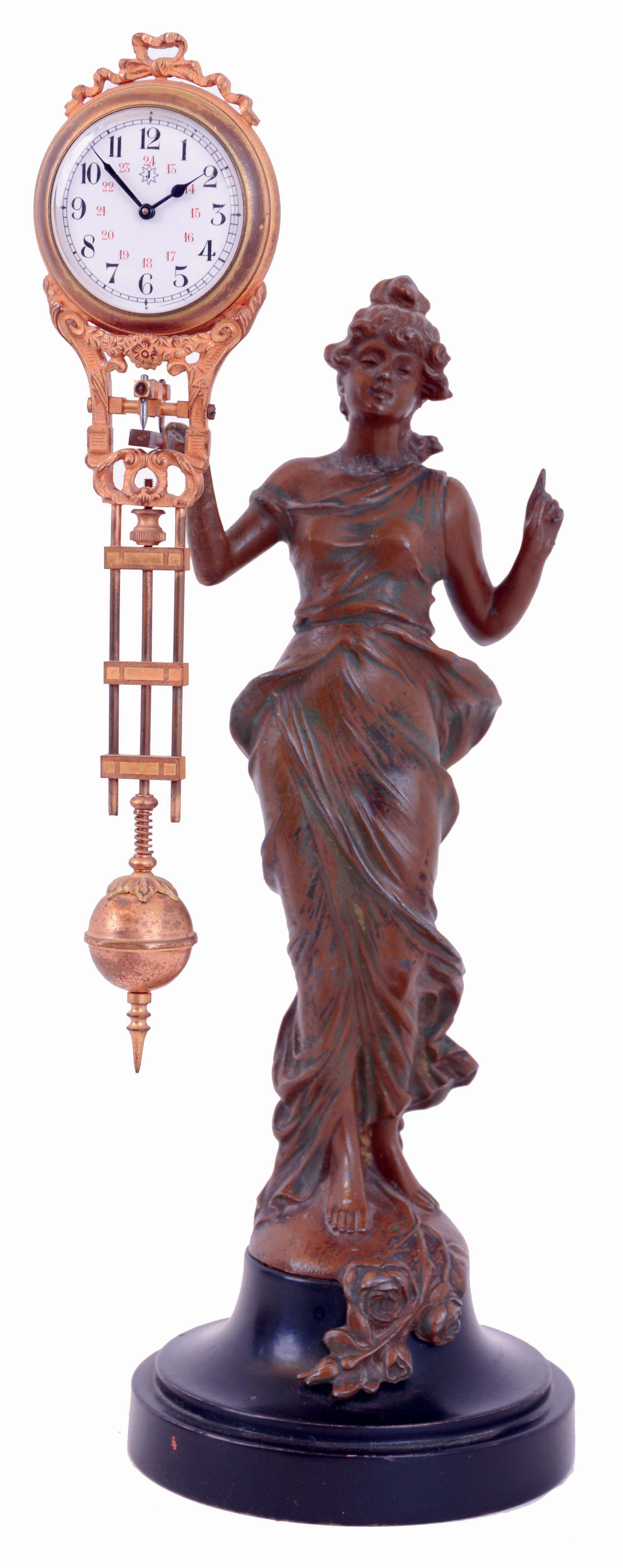Junghans "Diana" swinger, patinated spelter figure standing on a turned, ebonized base and holding the clock with her right hand, gilt clock/ pendulum with Arabic numeral Canadian white enamel dial, 8 days timepiece movement, c1930 — Antique Clocks Price Guide