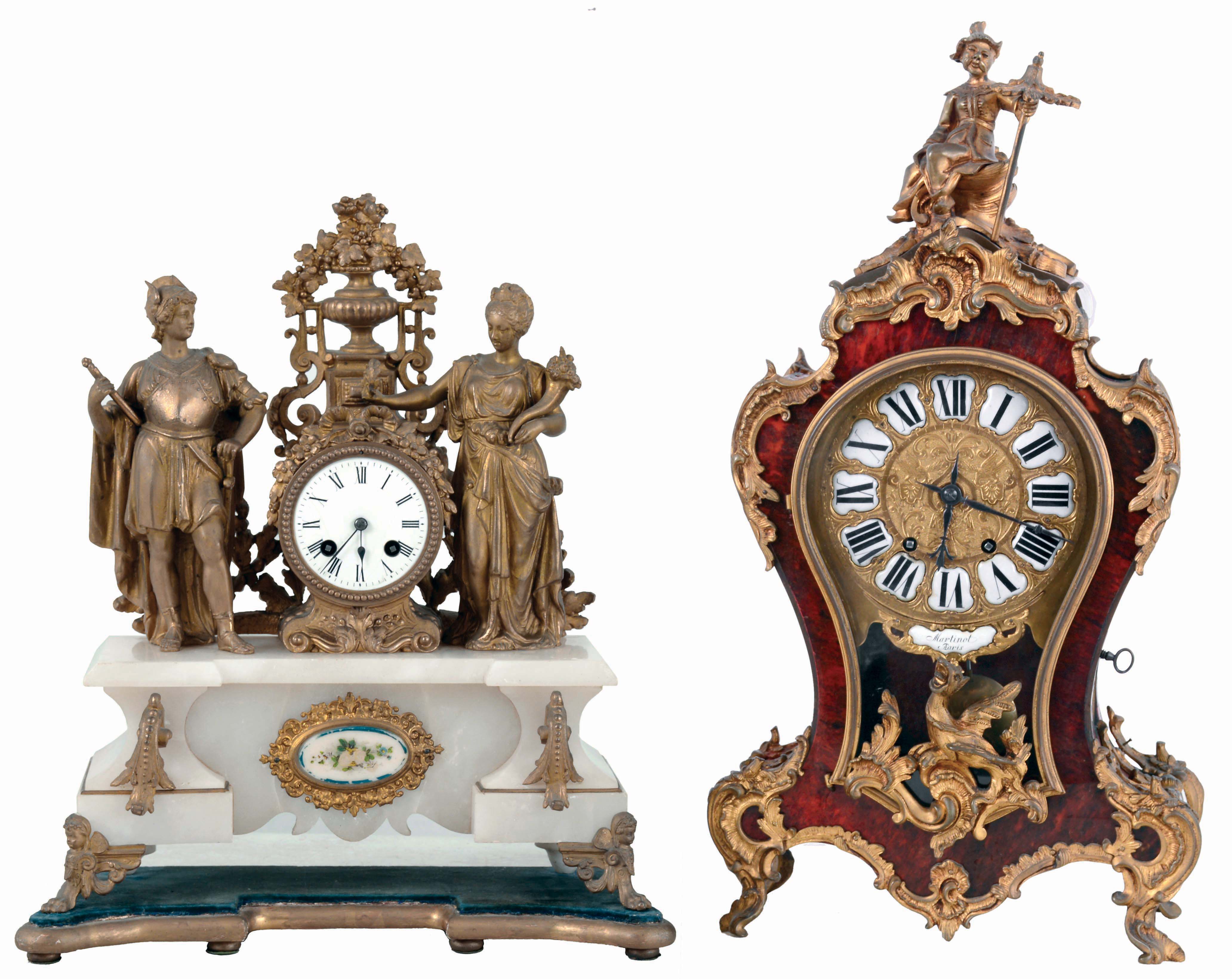 Clocks- 2 (Two): Both French, the first a Louis XV style with under painted horn veneered wooden case, mounted with gilt bronze ornaments in the Rococo style with a Chinese man and his parasol on top. Engraved, gilt dial with Roman numeral enamel cartouches, and plaque signed "Martinot A Paris", blued steel hands, 8 days, time and strike movement with square plates, and an alabaster base with metal clock case and flanking figures, Roman numeral white enamel dial, blued steel hands, 8 days, time and strike, pendule a Paris movement, resting on a gilt, velvet lined base, both late 19th century — Antique Clocks Price Guide
