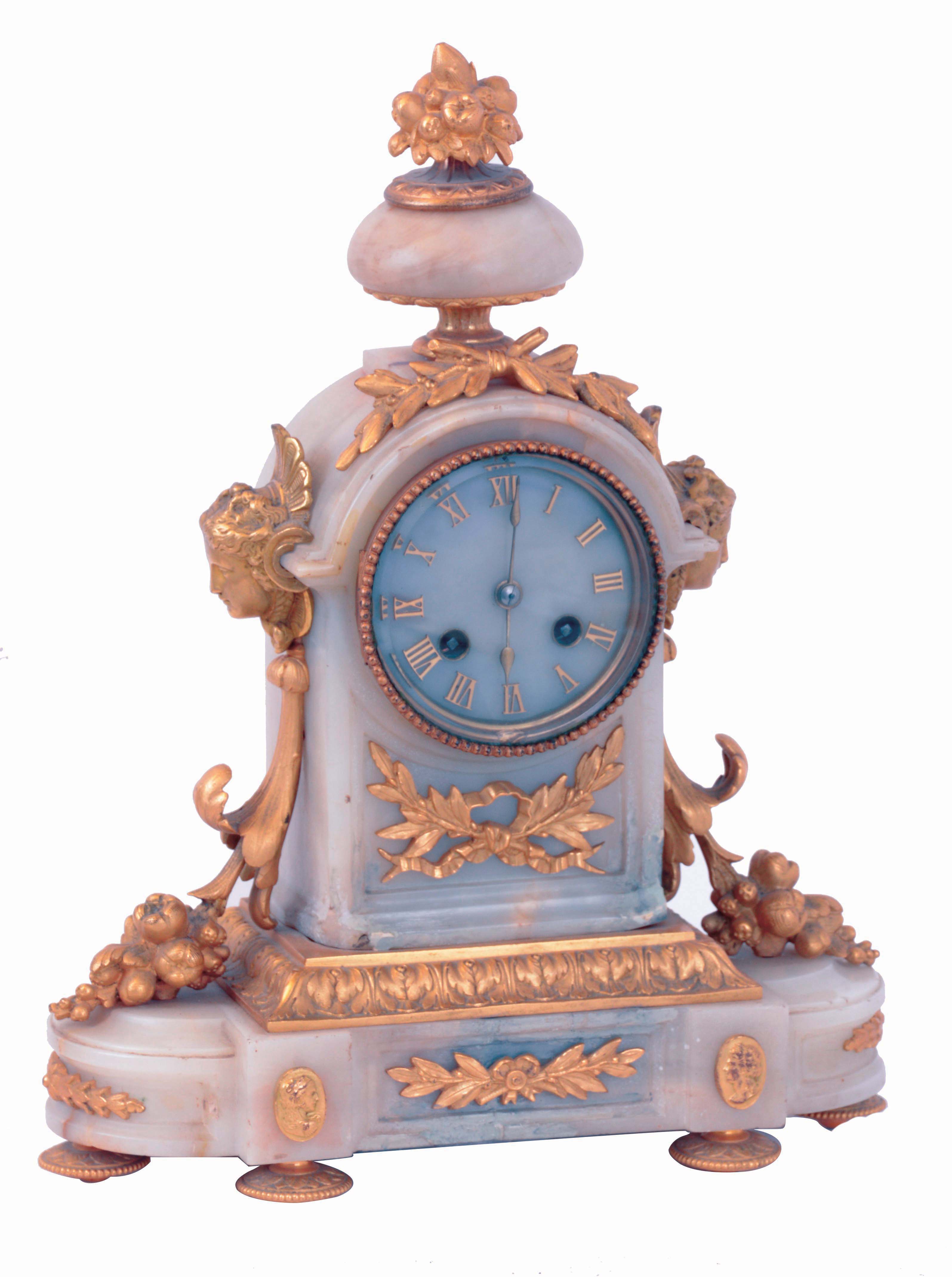France, white onyx mantel clock with good quality gilt bronze mounts, dial also in stone and with applied, gilt Roman numerals, gilt spade hands, 8 days, time and strike movement, c1880 — Antique Clocks Price Guide
