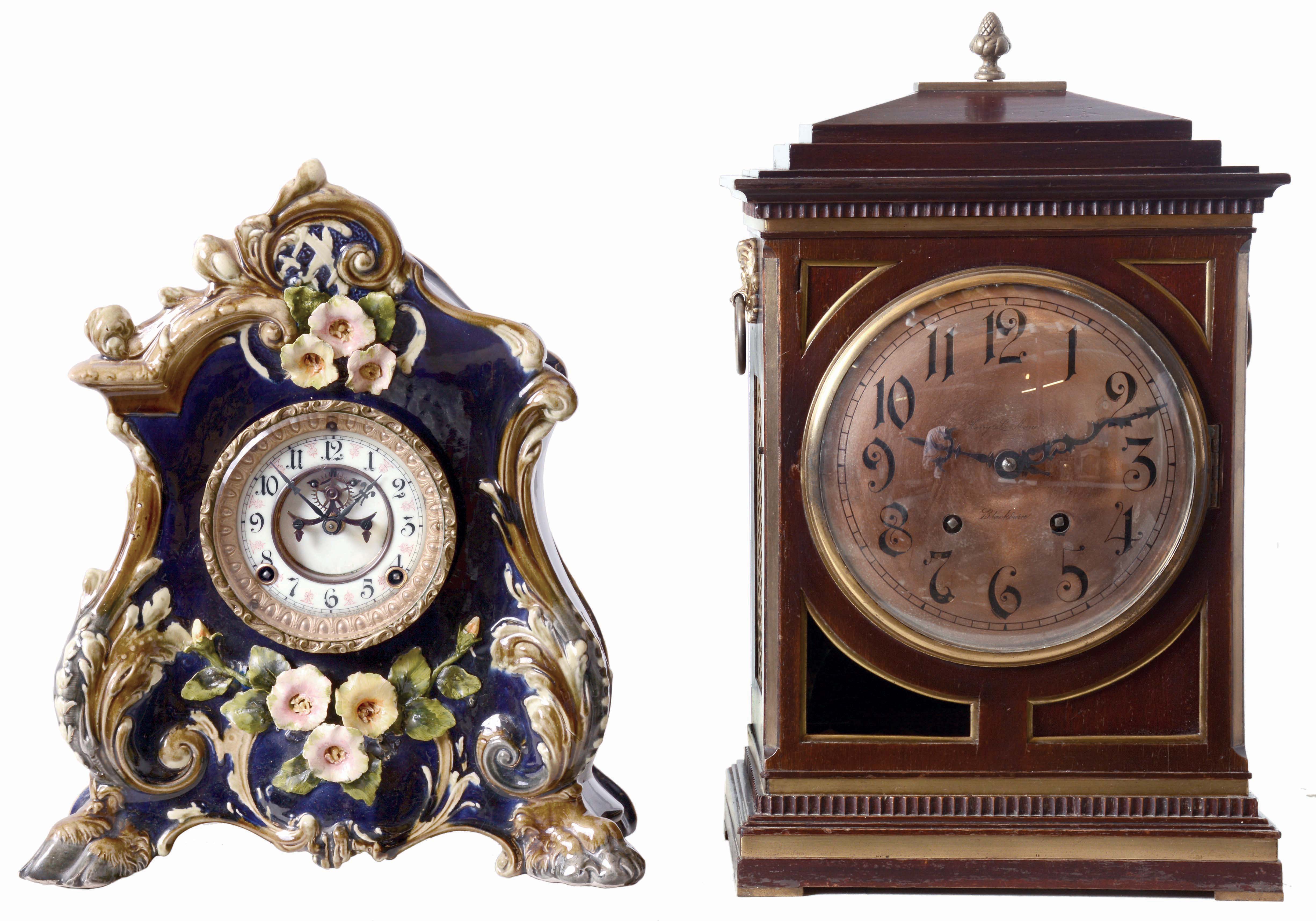 Clocks- 2 (Two): (1) Ansonia Clock Co., Ansonia, Conn., 8 days, time and strike, spring driven brass movement porcelain mantel clock. (2) German, Winterhalder & Hofmeier, 8 days, time and strike, spring driven brass movement bracket clock. — Antique Clocks Price Guide