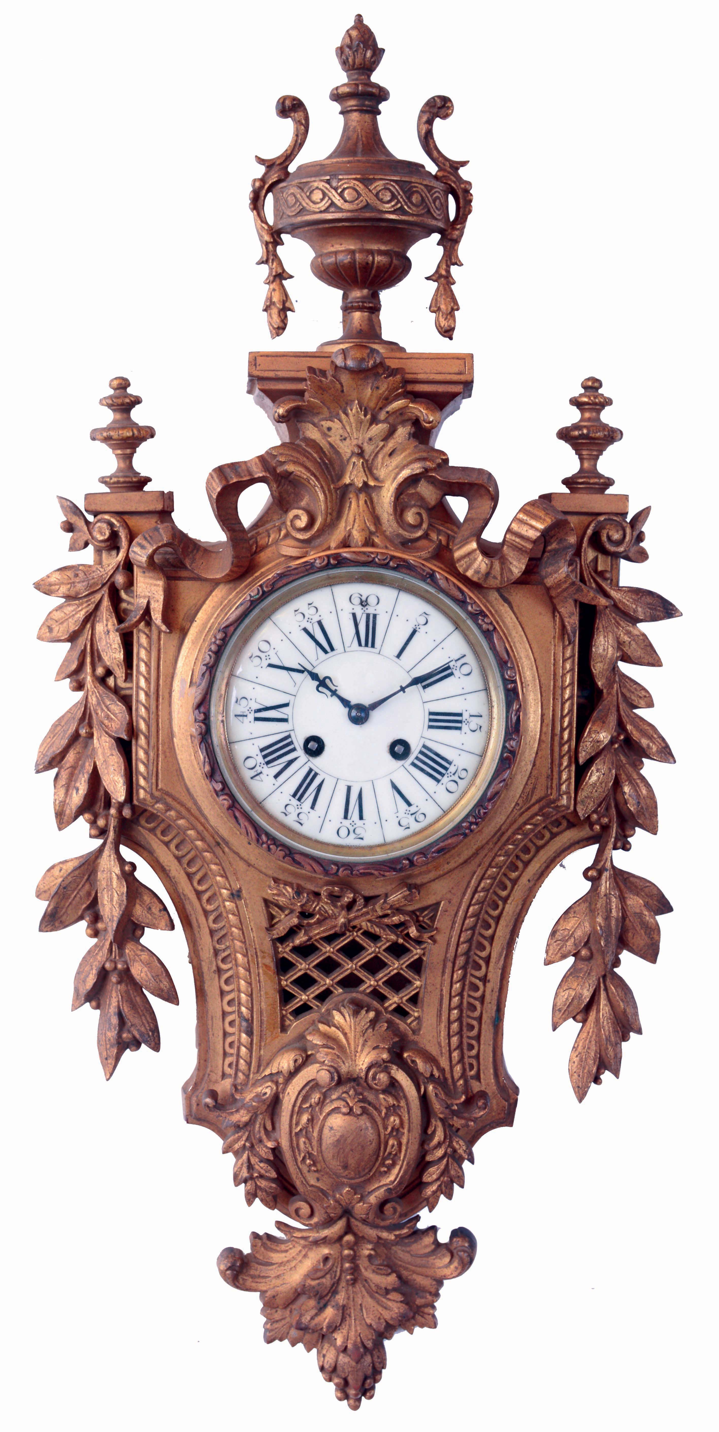 France, cartel clock, gilt bronze case with foliate ornament, Roman numeral white enamel dial, blued steel hands, 8 days, time and strike, pendule a Paris movement signed Mougin, c1890 — Antique Clocks Price Guide