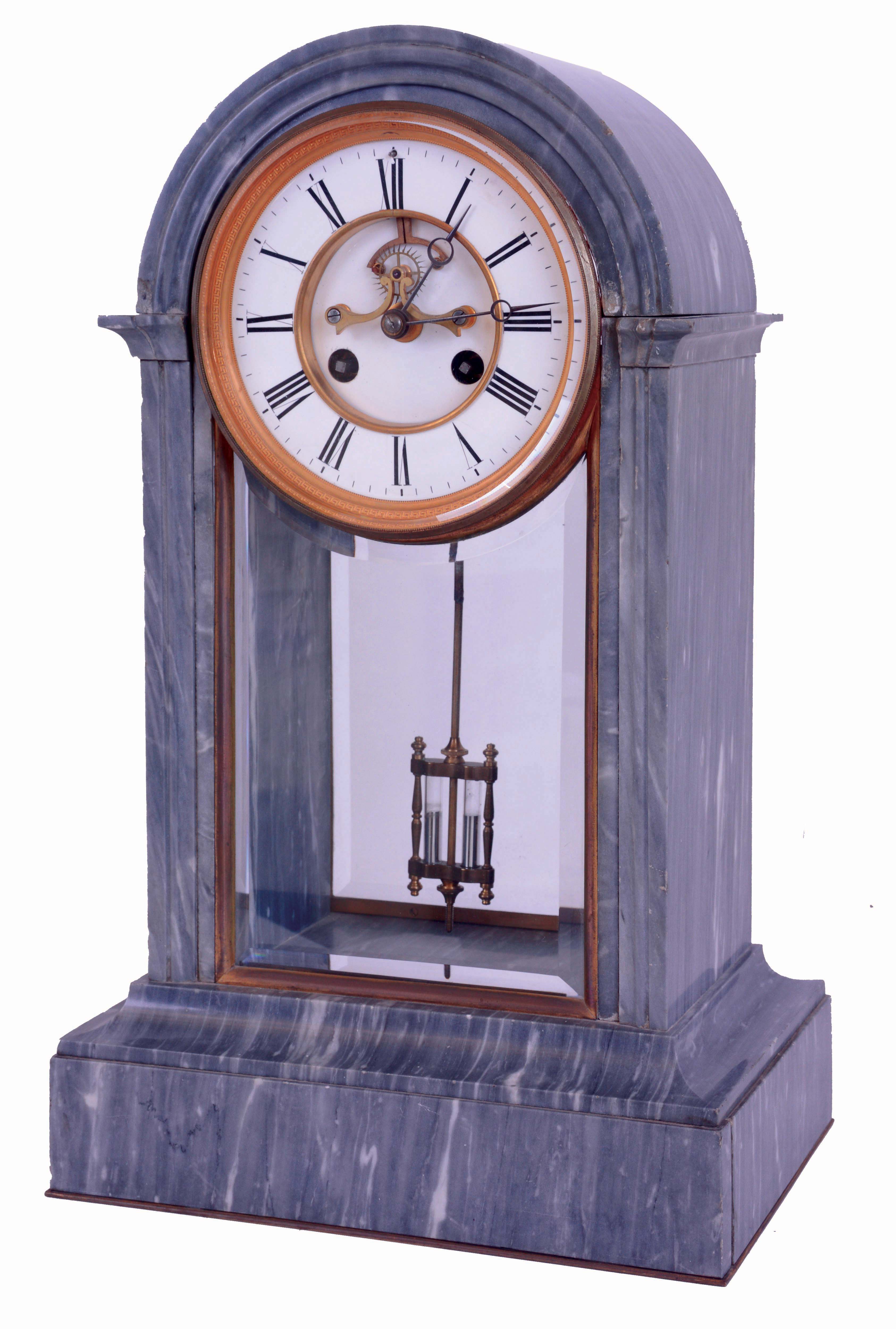 France, mantel clock, the blue-gray marble case with domed top, case front and back with beveled glasses, Roman numeral white enamel dial with sunk center and visible Brocot escapement, blued steel Breguet style hands, two vial mercury pendulum, 8 days, time and strike, pendule a Paris movement, signed Marti, c1880 — Antique Clocks Price Guide