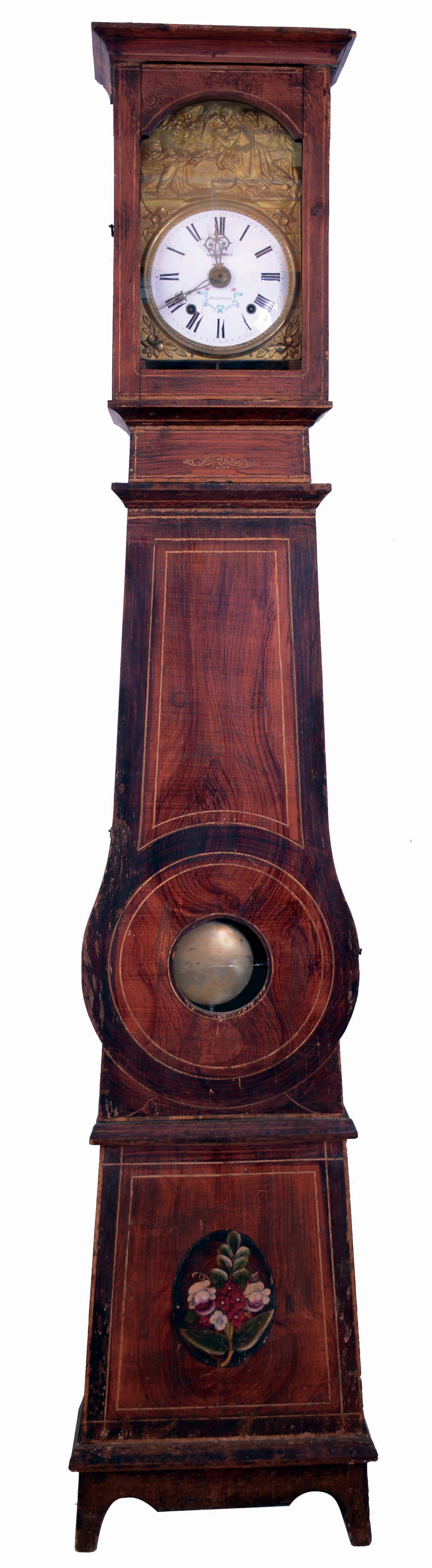 George Verle (retailer), France, Morbier tall clock, 8 days, time, strike and alarm weight driven movement in a grain painted soft wood case with glazed aperture for pendulum and floral bouquet on base plinth and white enamel dial with painted flowers, c1850. — Antique Clocks Price Guide