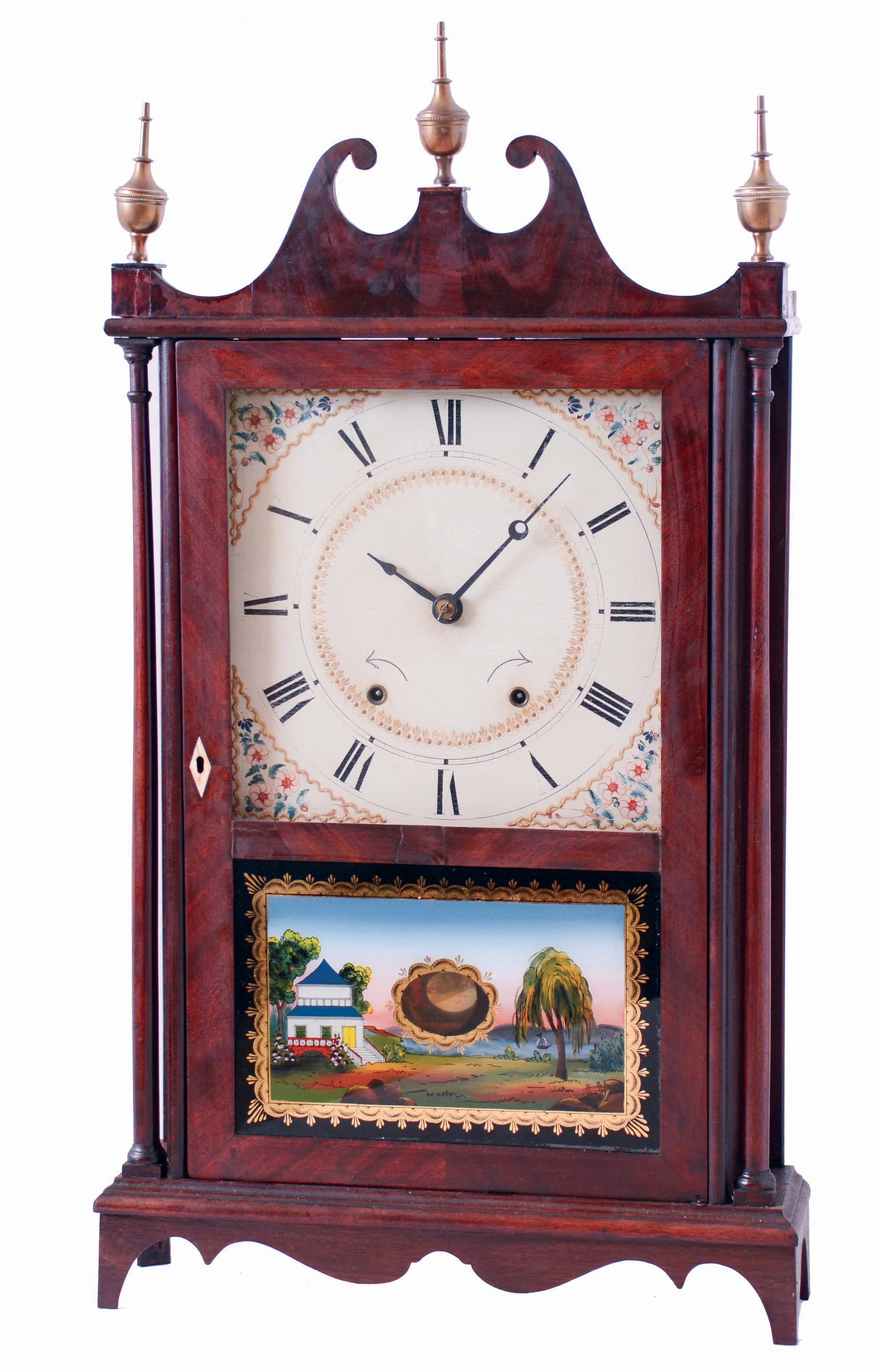 Eli & Samuel Terry, Plymouth, Conn., mahogany pillar and scroll wood movement, 30 hours weight driven shelf clock, c1825 — Antique Clocks Price Guide
