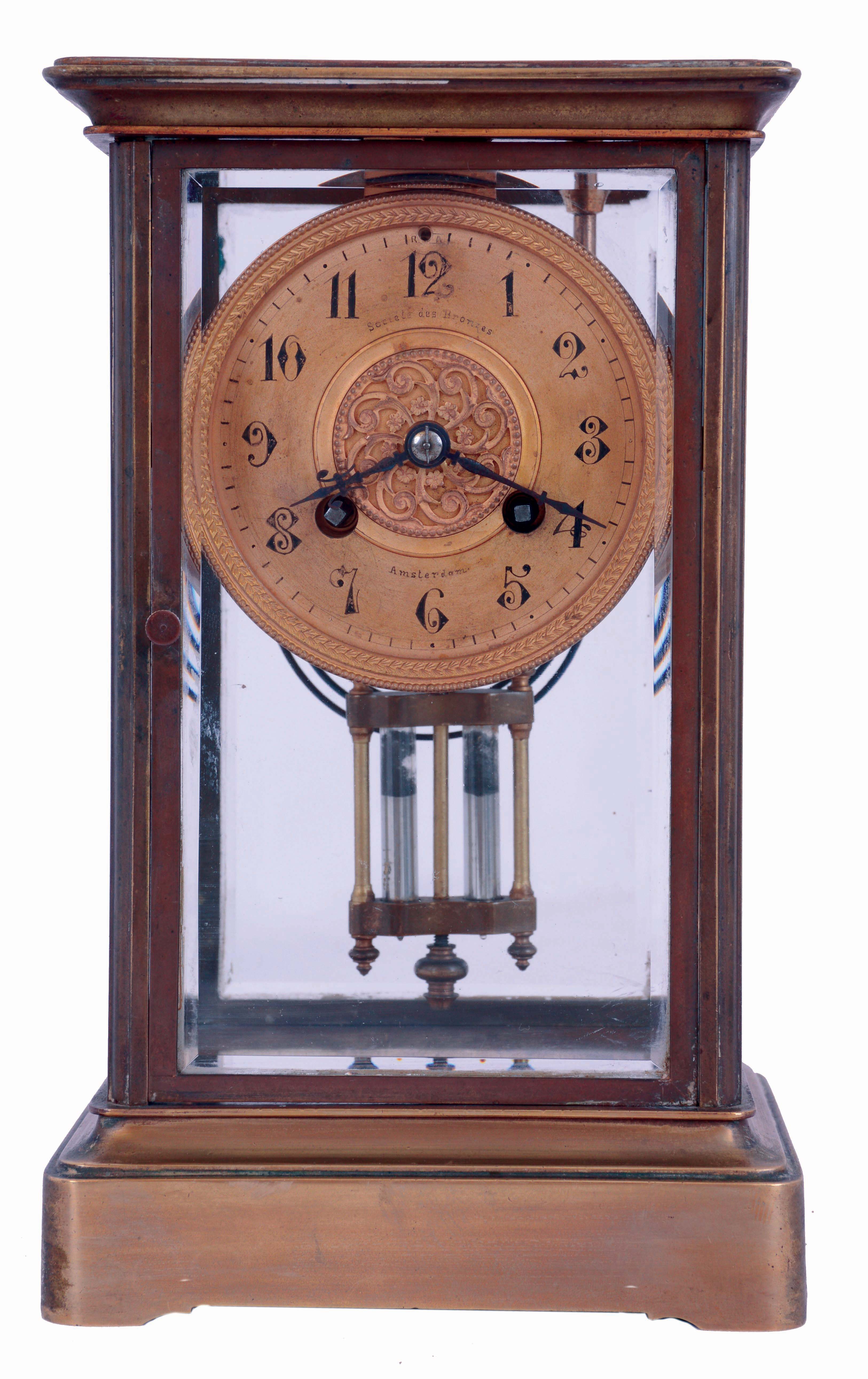 French, Marti & Cie, 8 days, time and strike, spring driven brass movement crystal regulator mantel clock, c1900 — Antique Clocks Price Guide