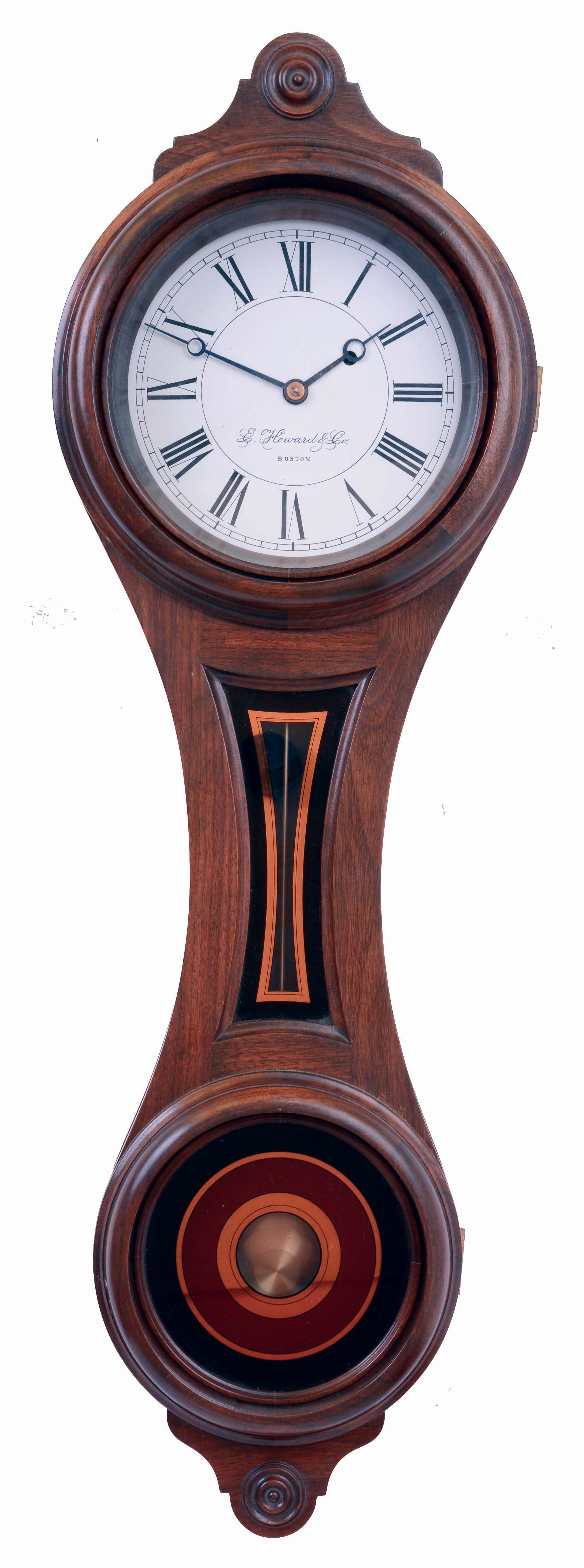 E. Howard Clock Co., Waltham, Mass., reissue "No. 10 Regulator", walnut, 8 days, time only weight driven figure 8 banjo wall clock, dated 1981 — Antique Clocks Price Guide