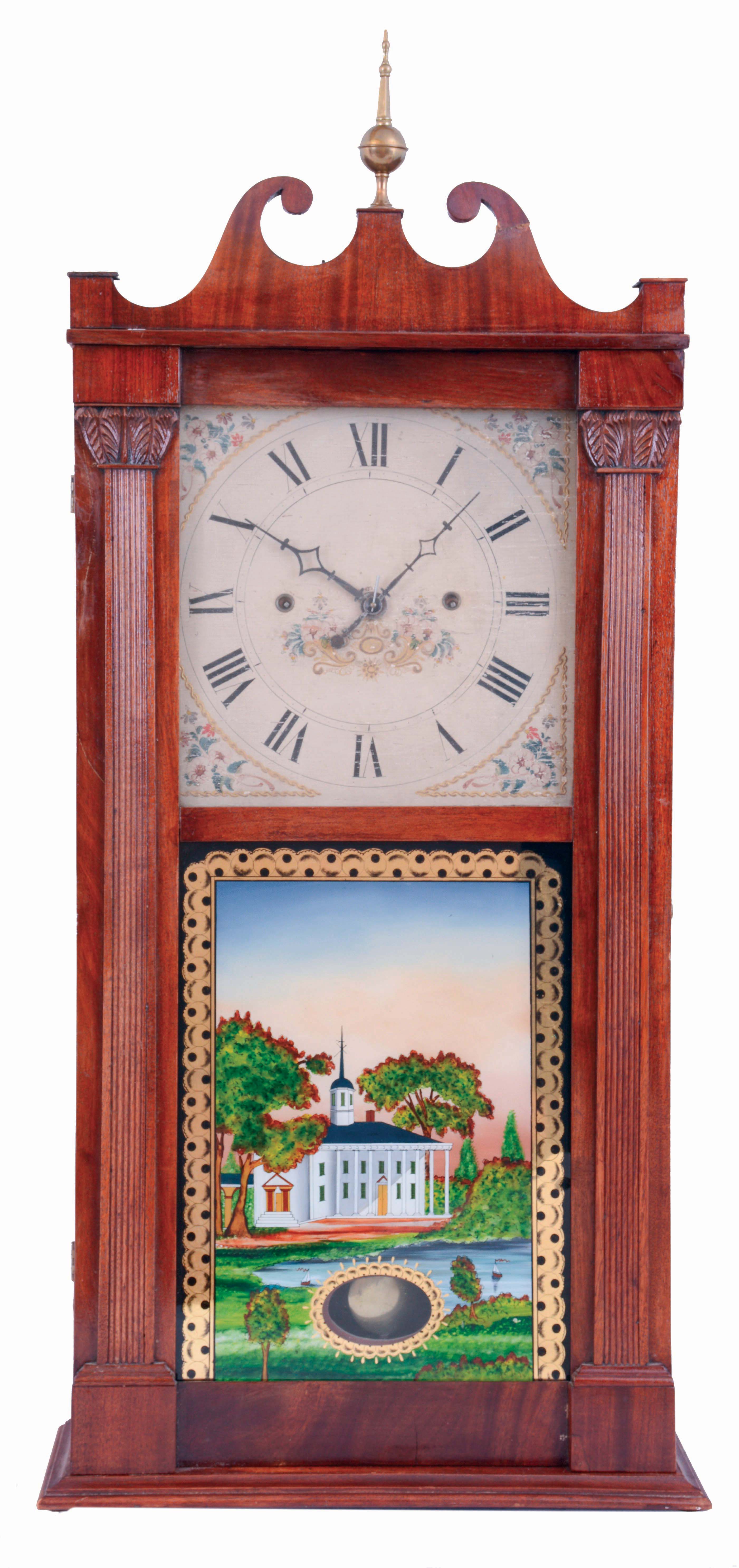 Jerome, Darrow & Co., Bristol, Conn., 30 hours, time and strike, weight driven wood movement, reeded pilaster & scroll top mahogany shelf clock, c1826 — Antique Clocks Price Guide