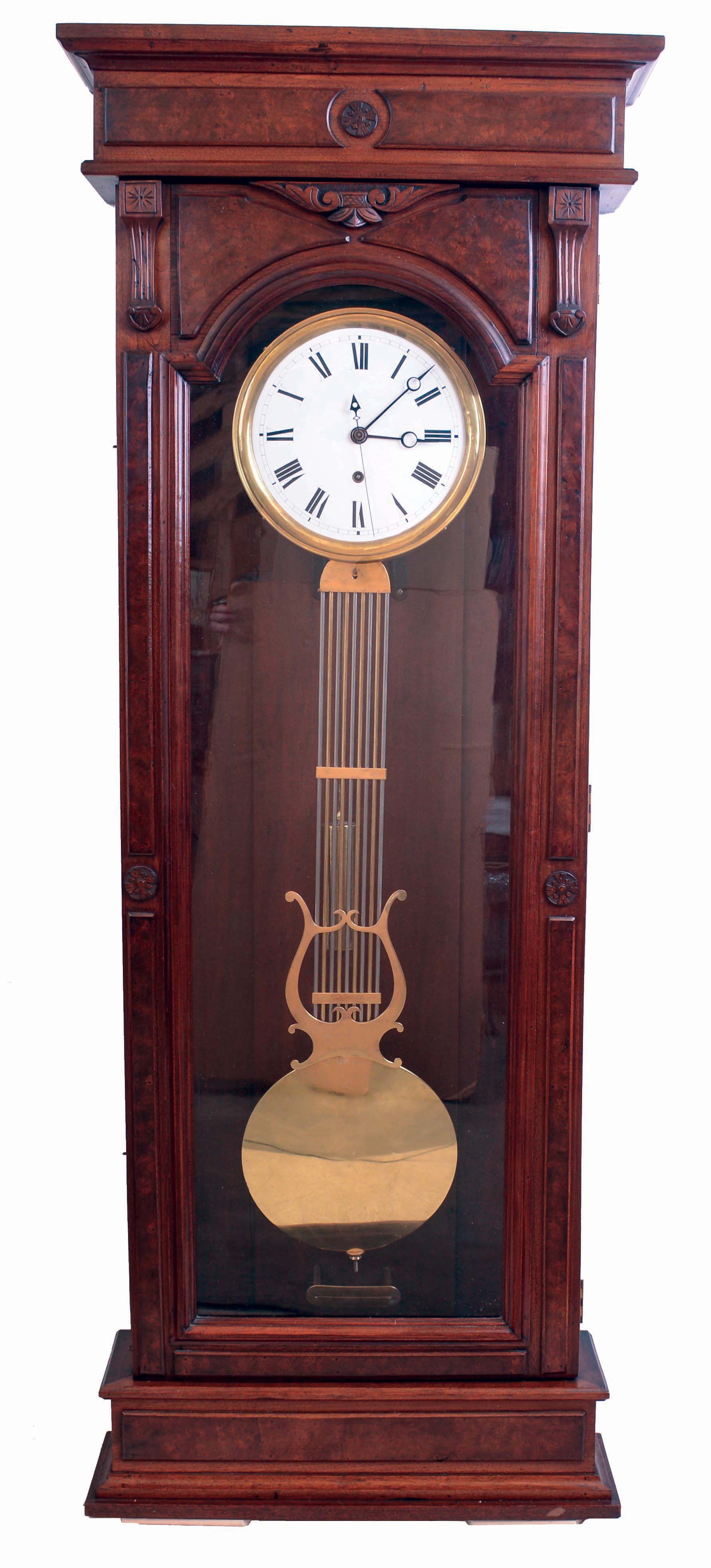 Jeweler's standing regulator, 8 days, time only, brass weight driven Swiss movement with pinwheel escapement, gridiron pendulum, center sweep seconds and white enamel dial in a walnut and burled walnut case, c1880 — Antique Clocks Price Guide