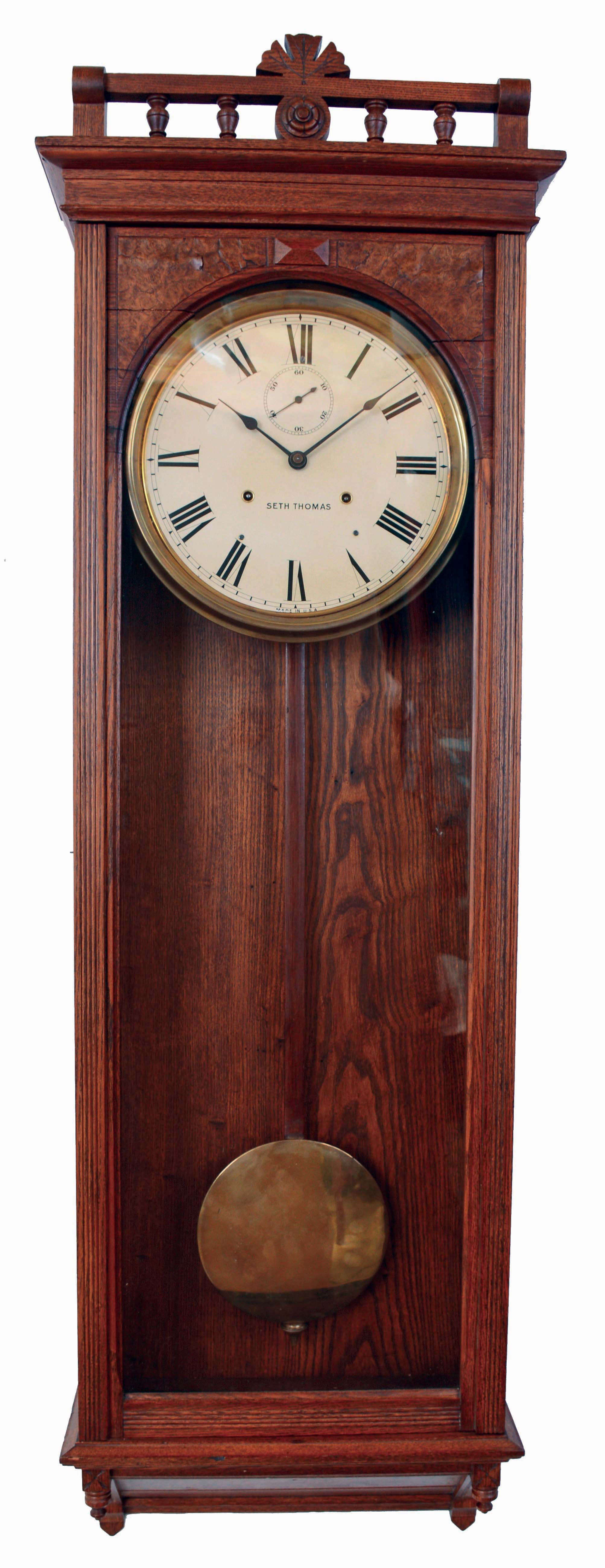Seth Thomas Clock Co., Thomaston, Conn., 30 day, spring driven brass movement wall regulator timepiece, c1890 This may have been a special order as we did not find this model in any catalog. — Antique Clocks Price Guide