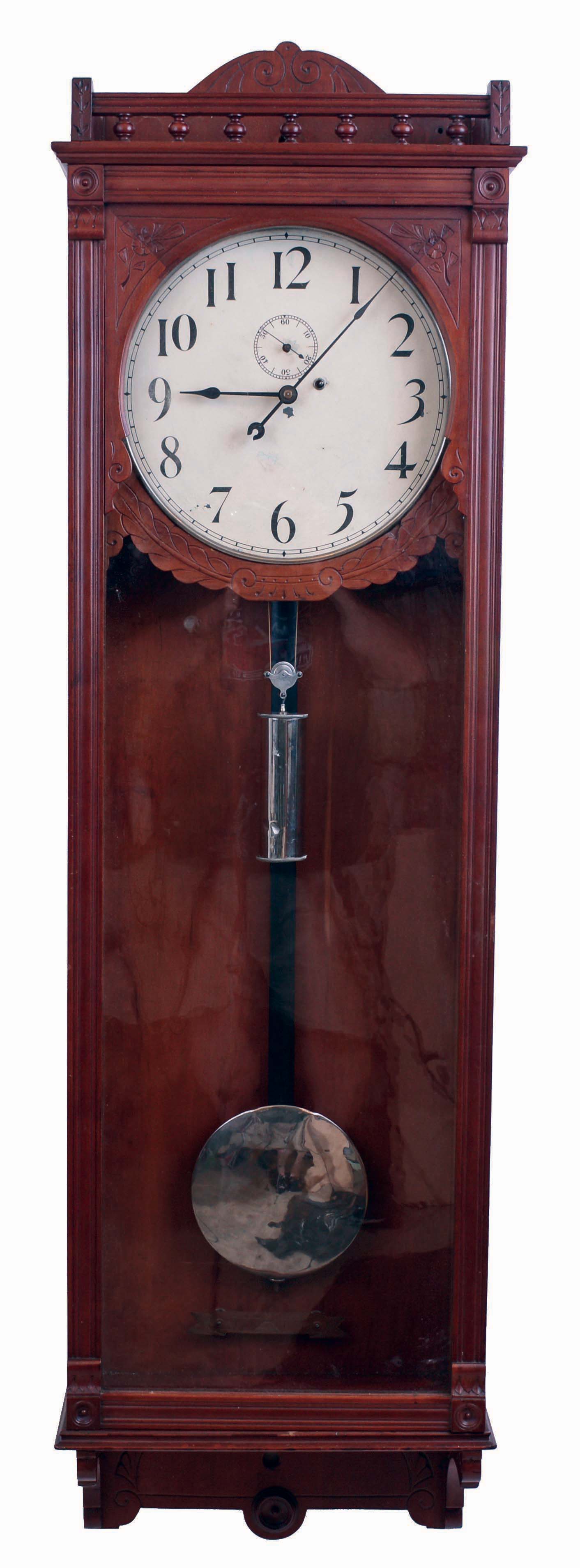 Large American Jeweler's Regulator wall clock, 8 days, time only, weight driven with a Seth Thomas No. 62 movement with a meter long pendulum in a cherry case with nickel bob, weight and clamshell pulley and painted metal dial, c1900 — Antique Clocks Price Guide
