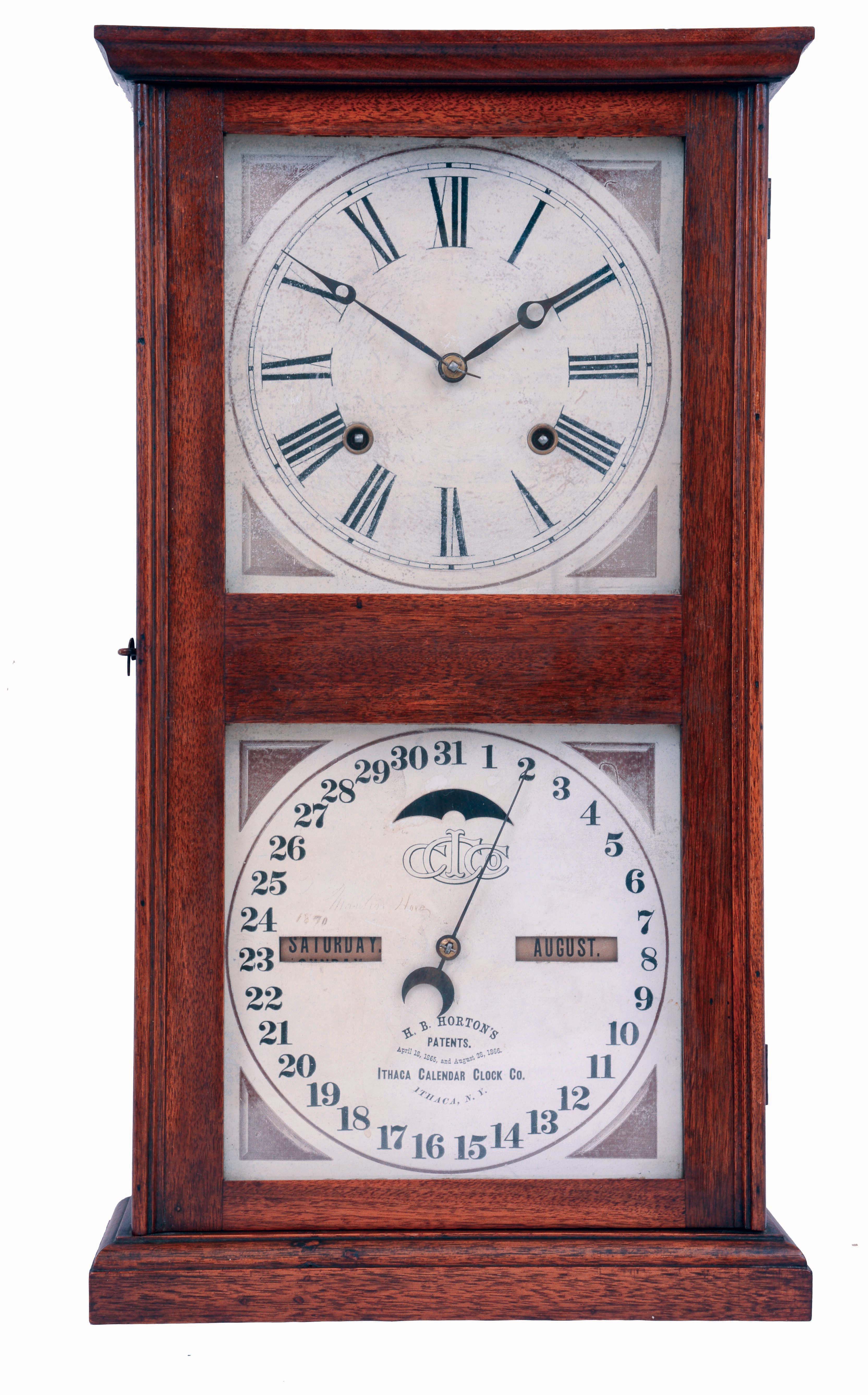 Ithaca Calendar Clock Co., Ithaca, NY, "No. 10 Farmer's", 8 days, time and strike, spring driven brass movement double dial calendar clock, c1874 — Antique Clocks Price Guide