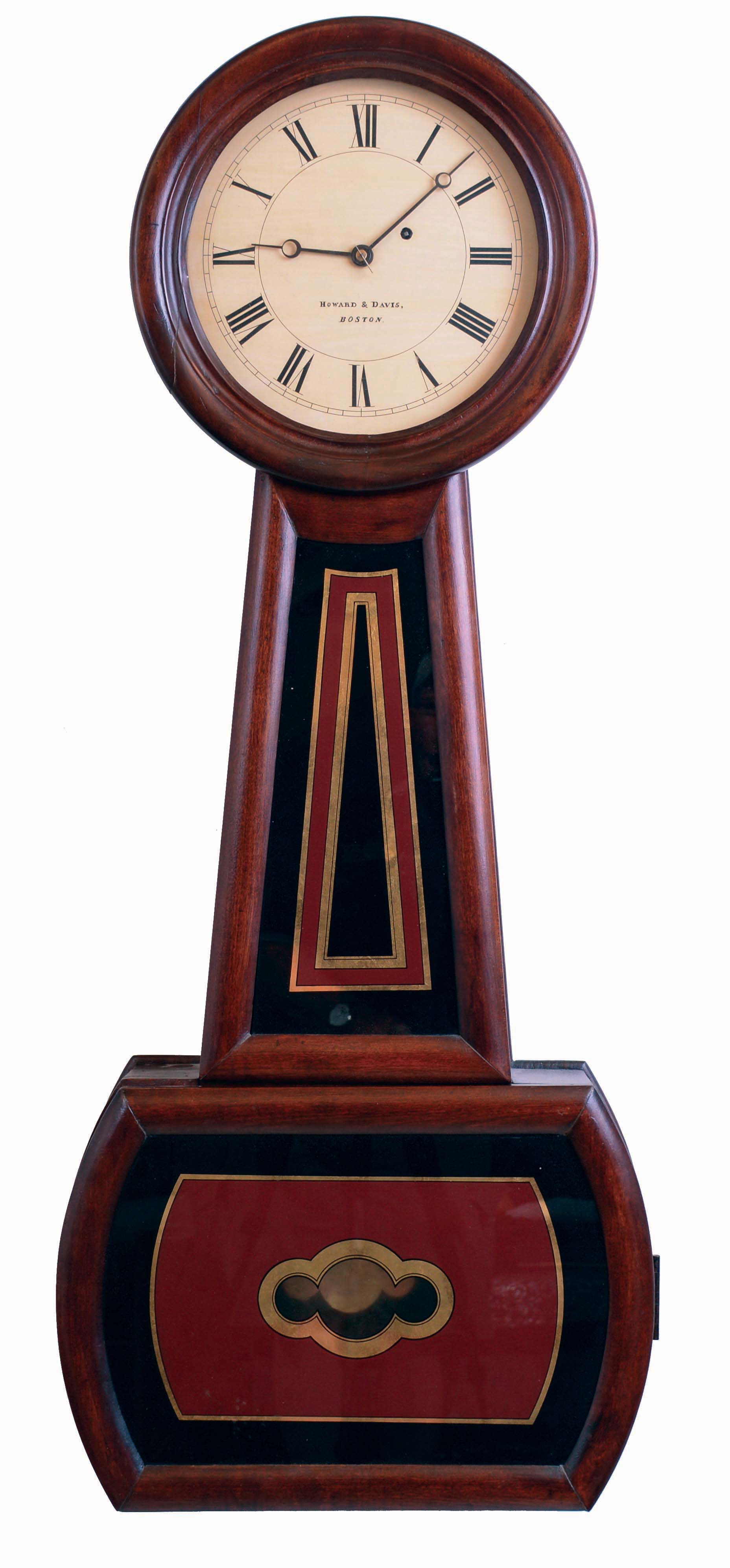 Howard & Davis, Boston, Mass., "No. 2 Regulator", wall clock, 8 days, time only, weight driven movement in a cherry case with a painted metal dial and reverse painted throat and lower tablets, c1855. — Antique Clocks Price Guide