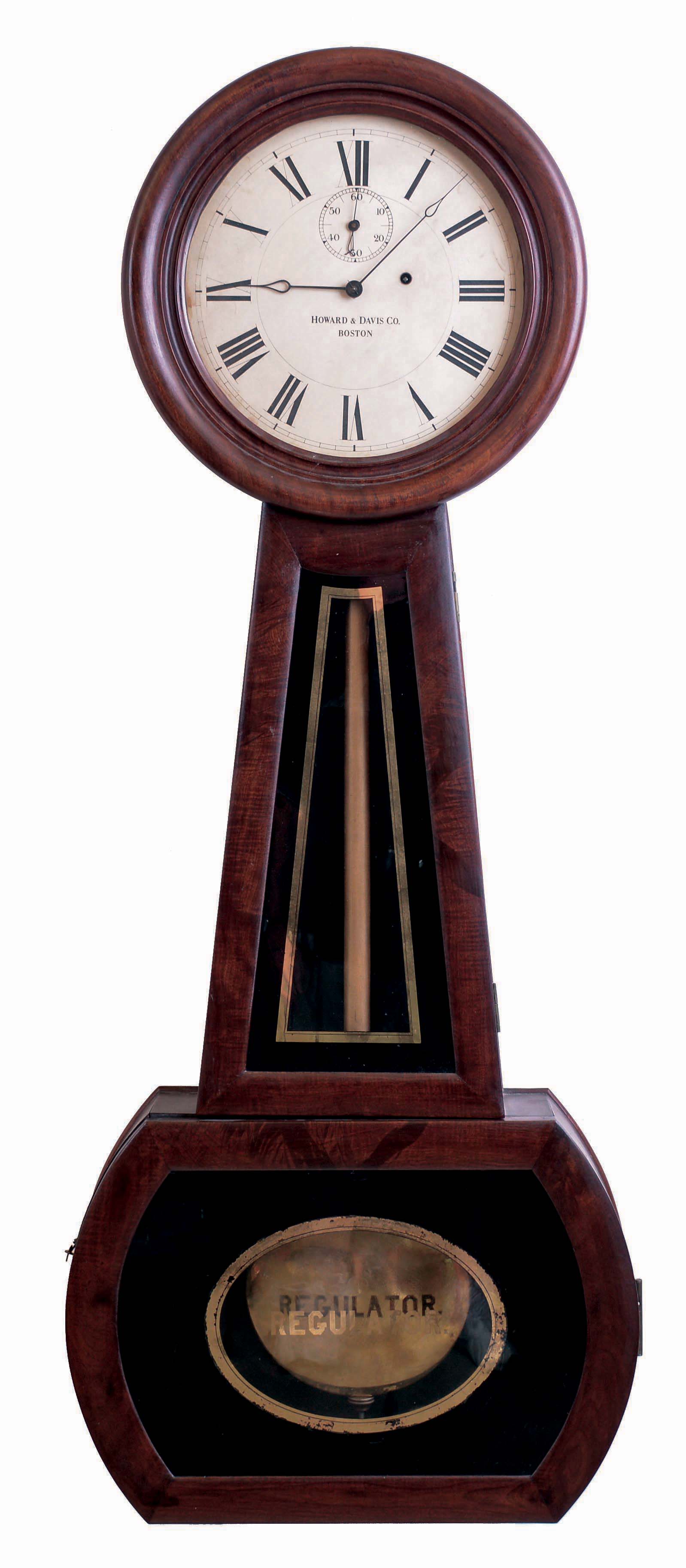 "Regulator No. 1" type and size banjo timepiece, probably Boston area and possibly from one of the Willard shops or by one of their apprentices. The case has a hinged throat and "Regulator" on the lower glass. Now with a paper over metal dial signed Howard & Davis, c1840 — Antique Clocks Price Guide