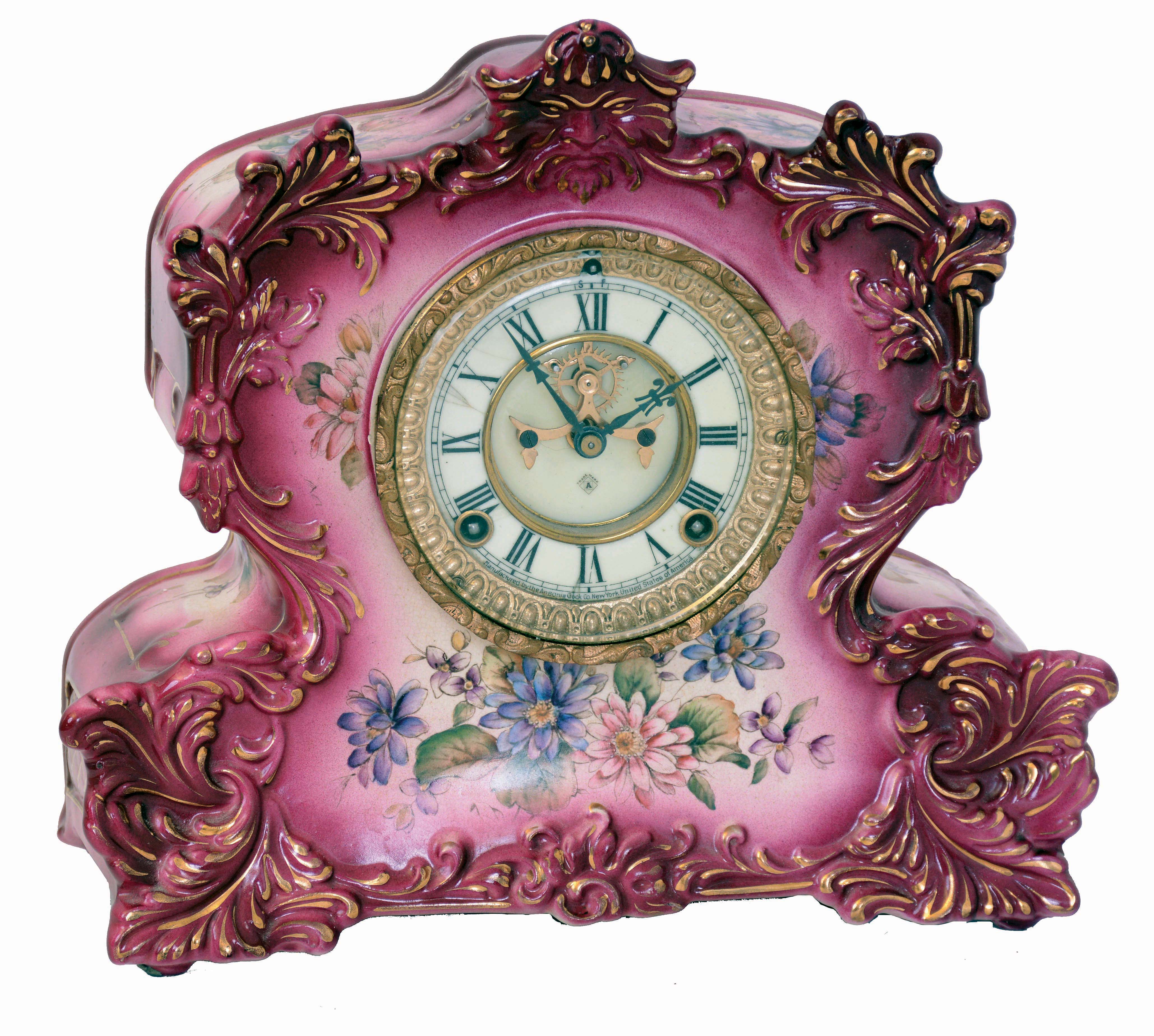 Ansonia Clock Co., New York, NY, "Review" porcelain, 8 days, time and strike mantel clock, visible escapement, c1901 — Antique Clocks Price Guide