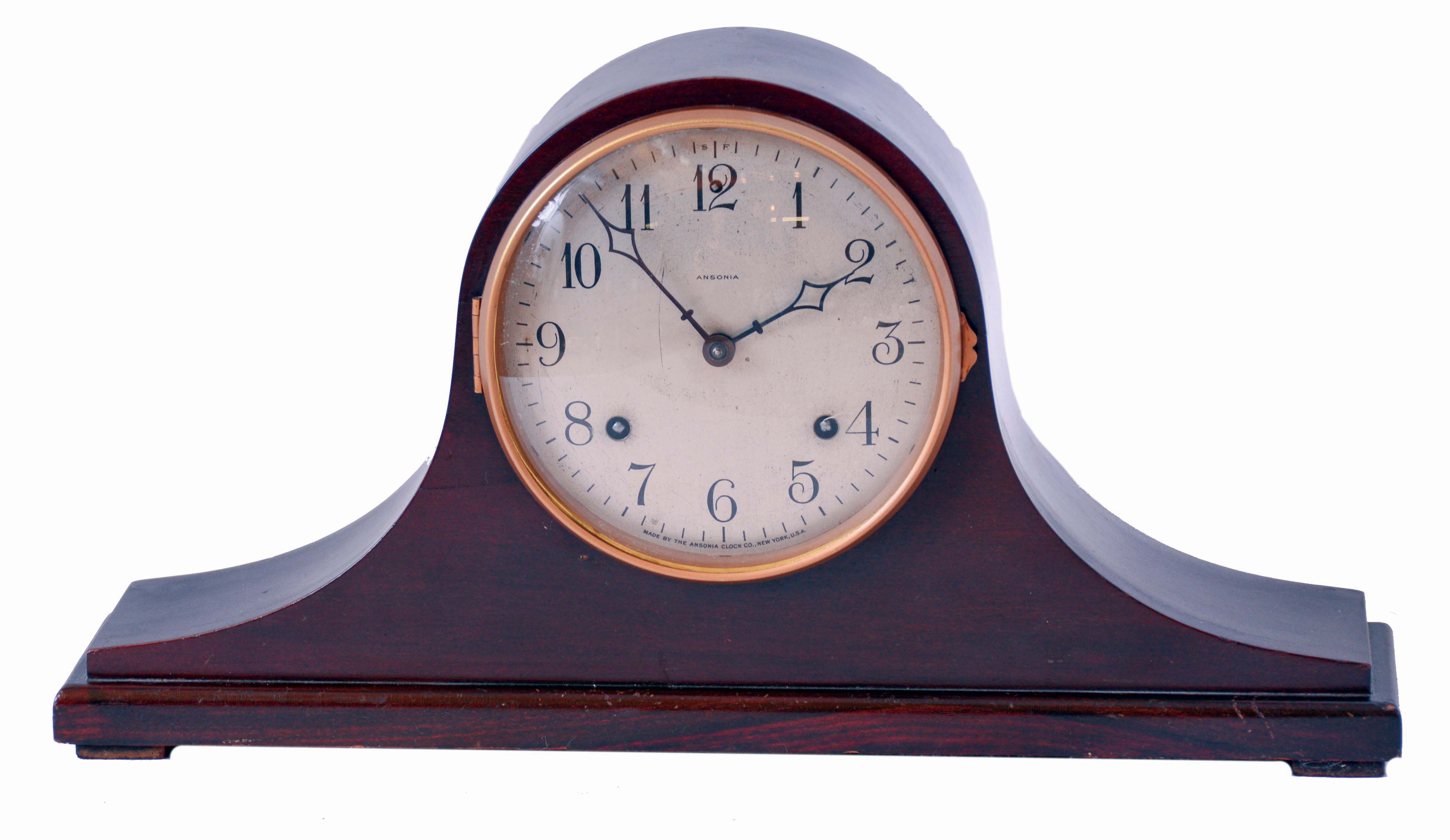 Ansonia Clock Co., New York, NY, "Dayton" mahogany, 8 days, "dual chime tone strike" tambour mantel clock, c1926 — Antique Clocks Price Guide