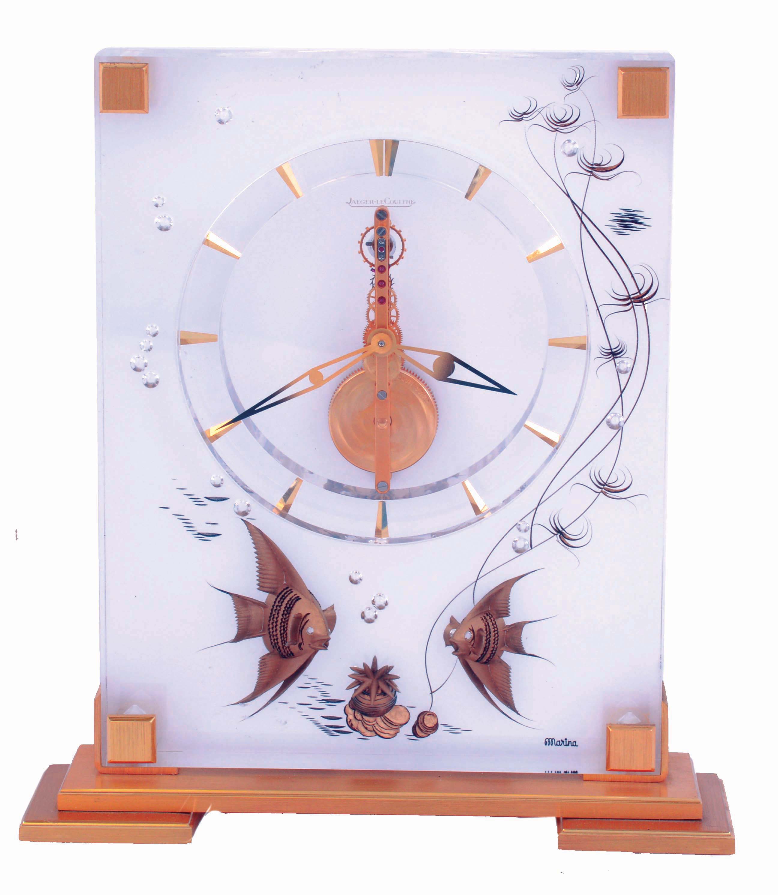 Jaeger-LeCoultre "Marina" cast clear acrylic and lacquered brass, 8 days time only desk clock, c1960 — Antique Clocks Price Guide