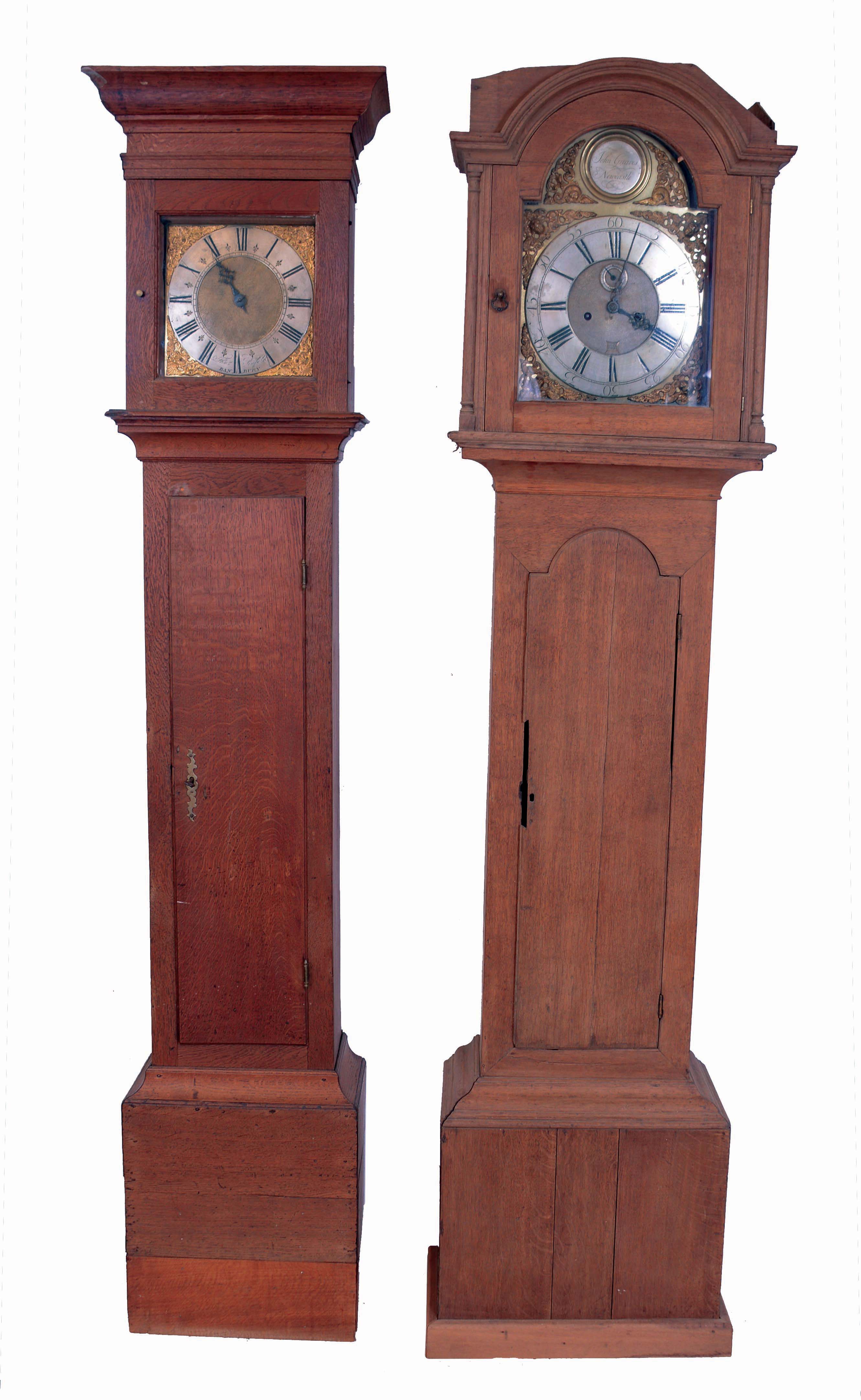 Tall clocks- 2 (Two) English; John Greaves, Newcastle 8-day time & strike and Thomas Pinfold, Banbury 30 hour one handed with iron posted frame movement. Both in oak cases with brass dials and silvered chapter rings, both c1750. — Antique Clocks Price Guide