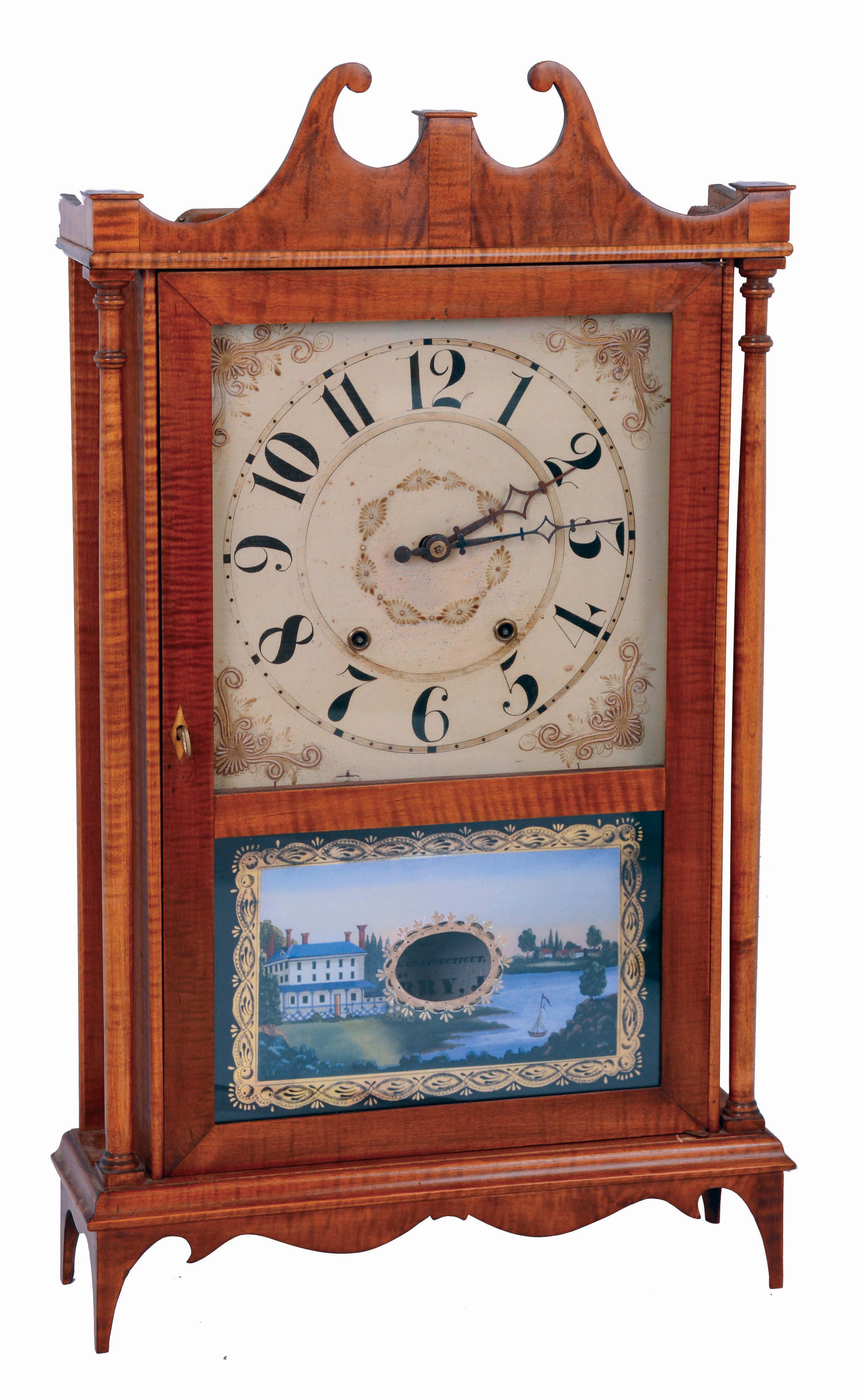 American, 30 hour, time and strike, weight wood movement in curly maple pillar & scroll case. — Antique Clocks Price Guide