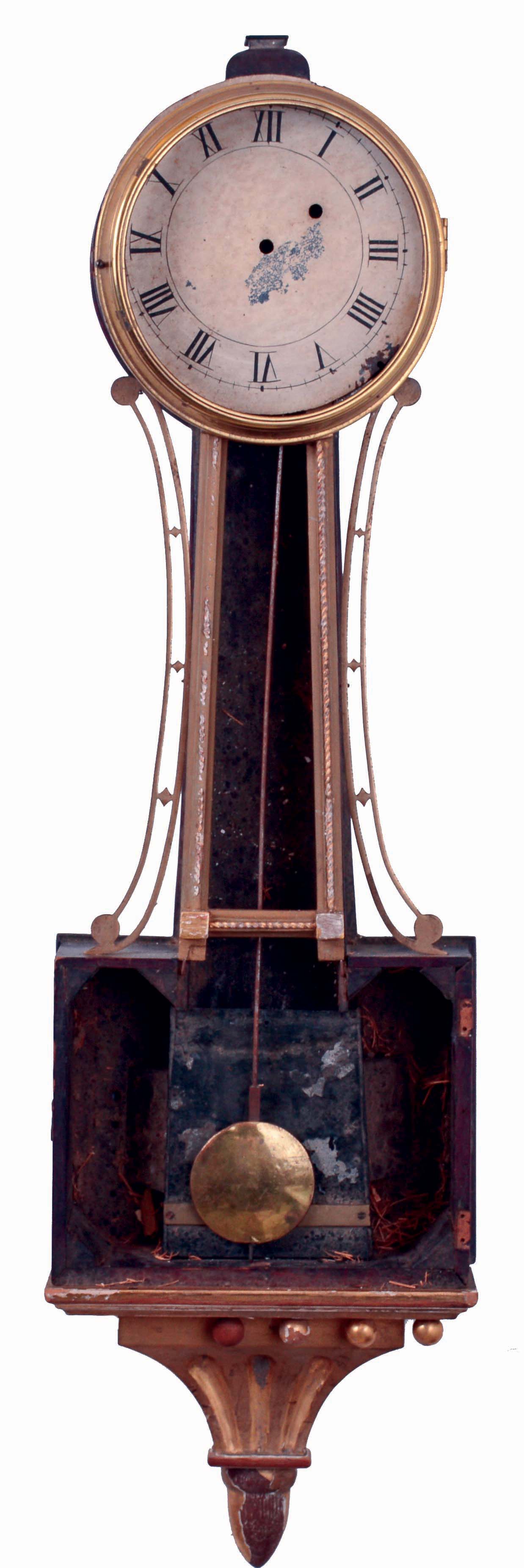 Massachusetts banjo case in need of restoration with an 8 days, weight driven brass movement, c1830. — Antique Clocks Price Guide