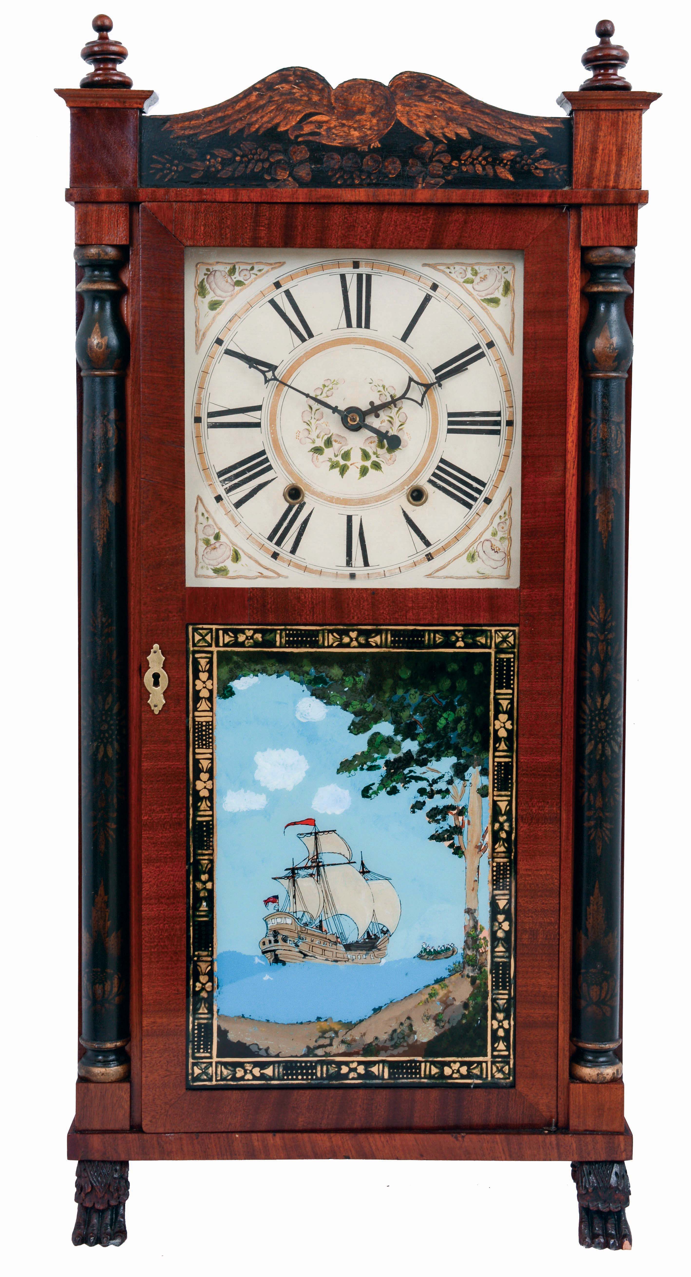 Boardman & Wells, Bristol, Conn., 30 hours, time and strike, weight driven wood movement, half column & splat shelf clock with paw feet, c1832 — Antique Clocks Price Guide