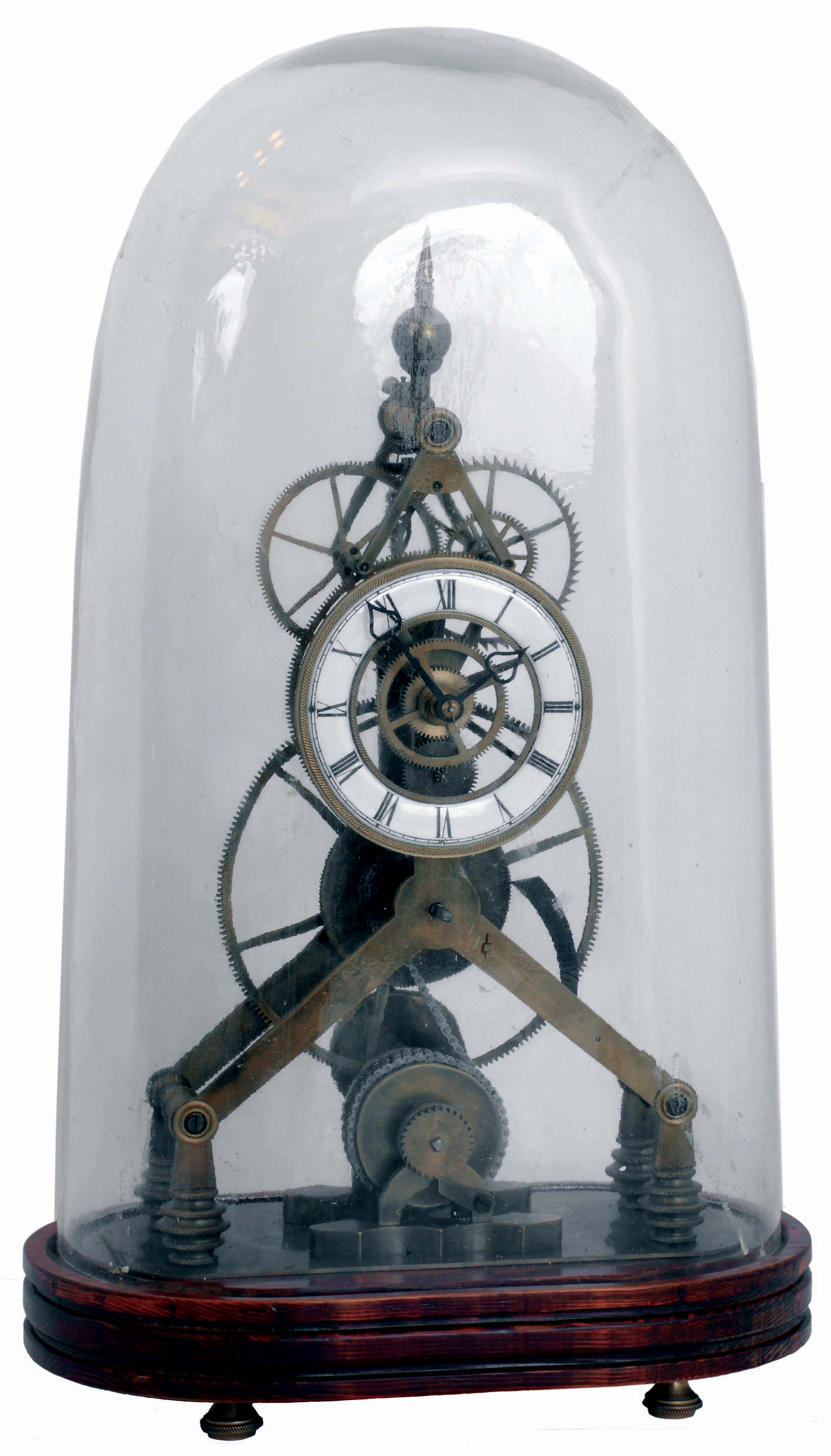 Reproduction skeleton clock, Chinese, brass framed chain fusee movement with large wheels, recoil escapement, Roman numeral white enamel dial, pierced steel hands, on a wooden base with brass feet, and under a glass dome, c.2000 — Antique Clocks Price Guide