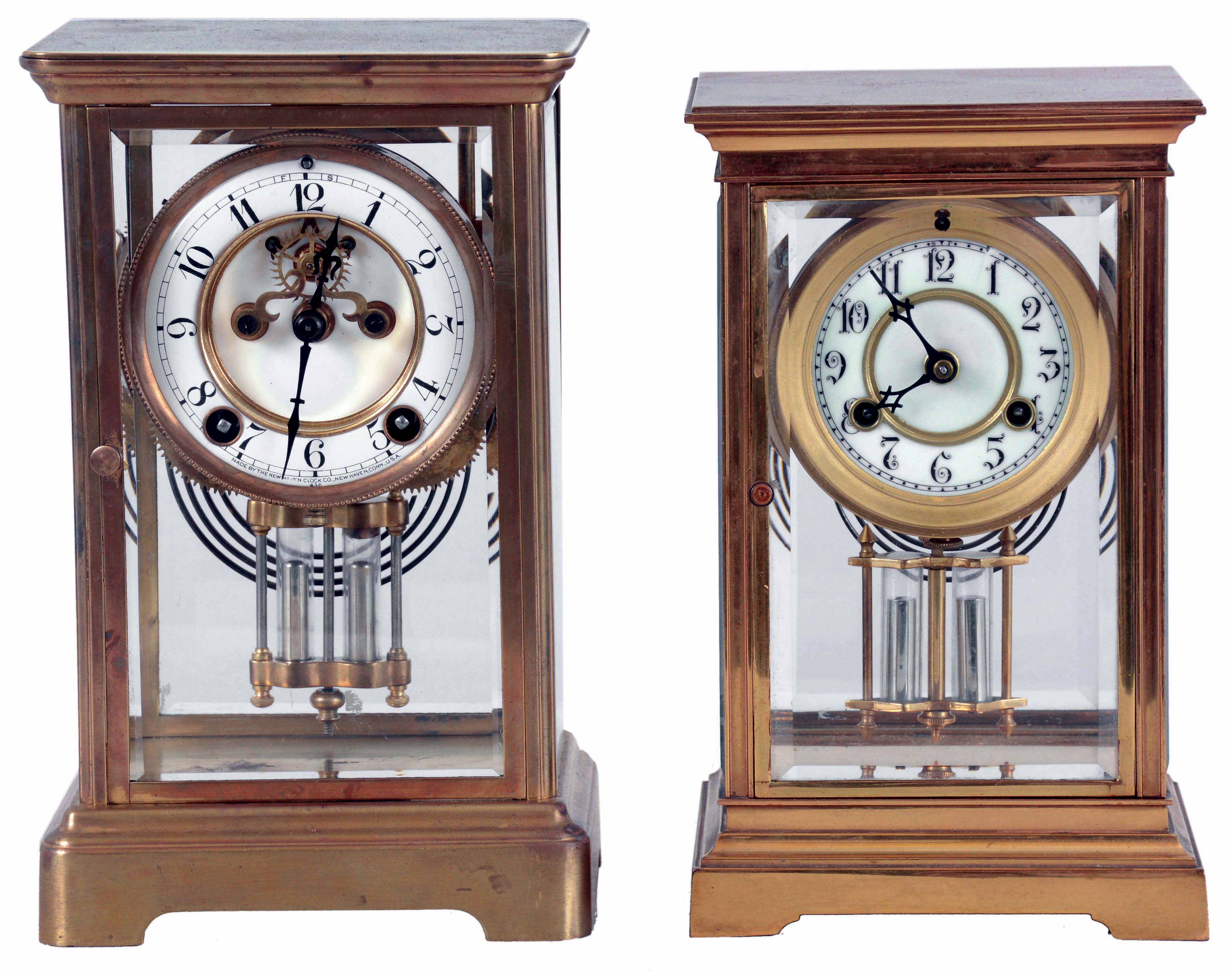 Clocks- 2 (Two): (1) Waterbury Clock Co., Waterbury, Conn., "Brest", 8 days, time and strike, spring driven brass movement crystal regulator mantel clock and (2) New Haven Clock Co., New Haven, Conn., "Thespia", 8 days, time and strike, spring driven brass movement crystal regulator mantel clock with visible escapement, both c1910. — Antique Clocks Price Guide
