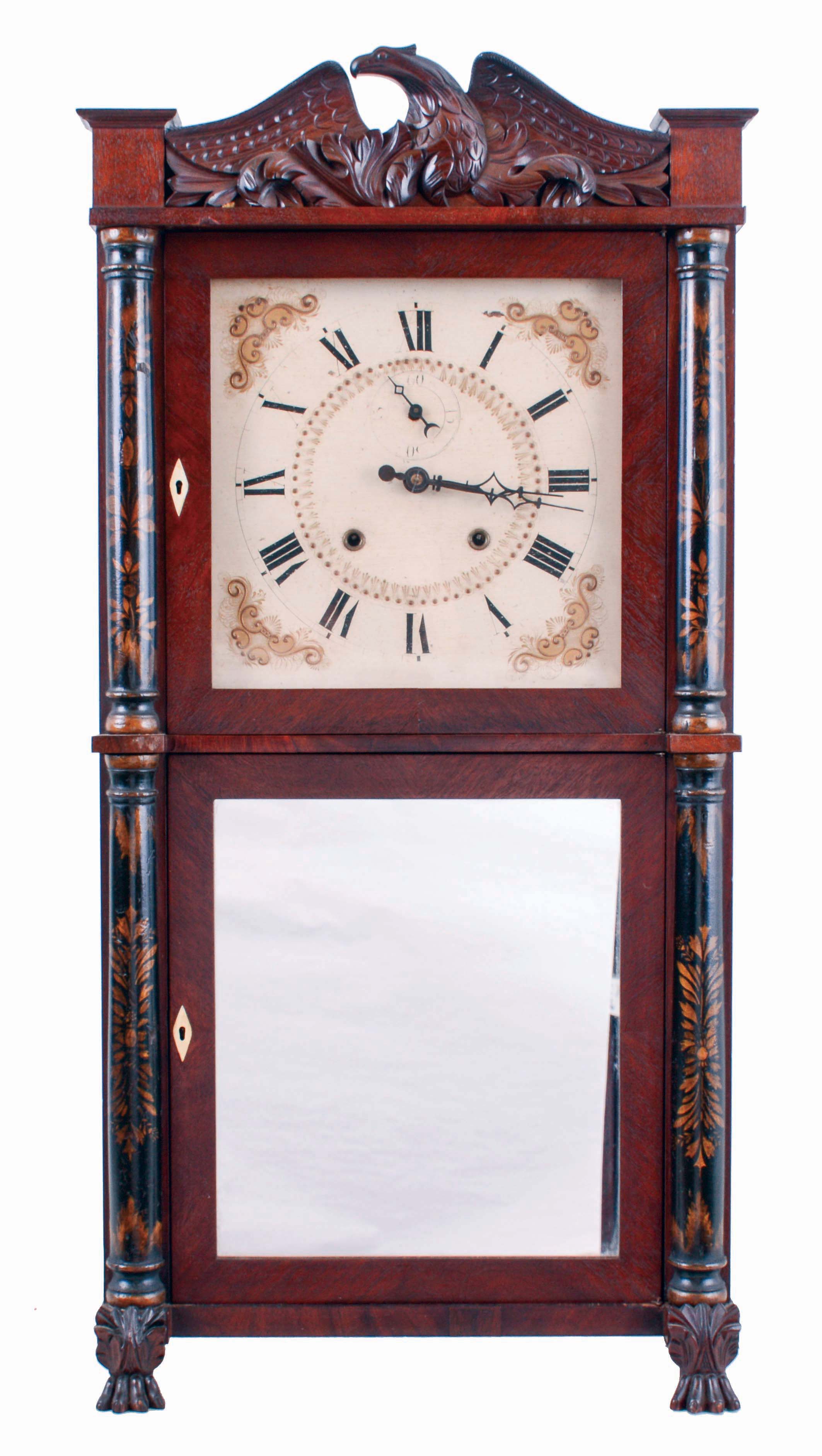 Eli Terry & Sons, Plymouth, Conn., 8 day, time and strike, weight driven wood movement with stenciled half columns, carved eagle splat and paw feet shelf clock, c1832. — Antique Clocks Price Guide